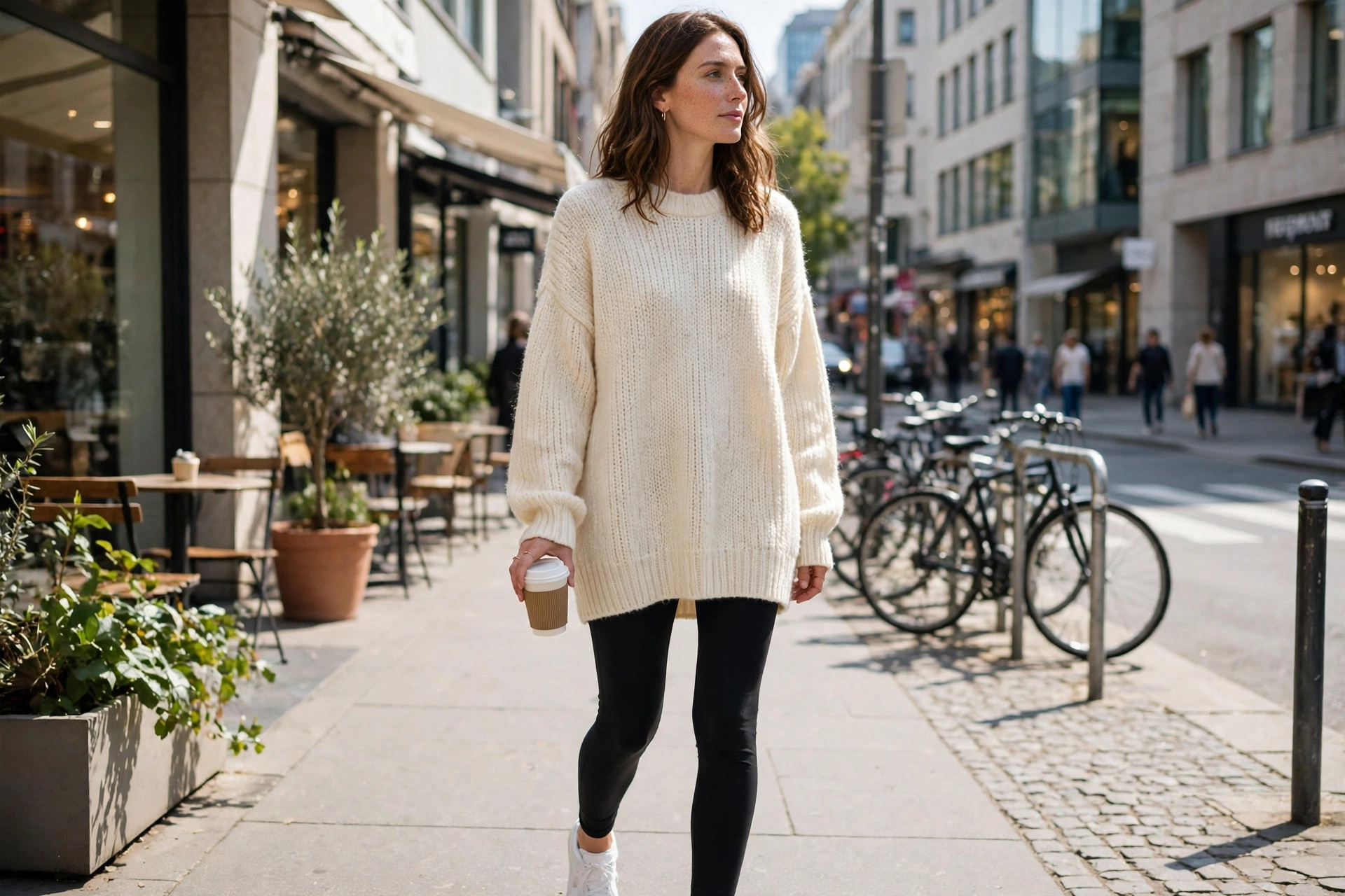 Woman wearing black leggings with an oversized cream sweater and white sneakers