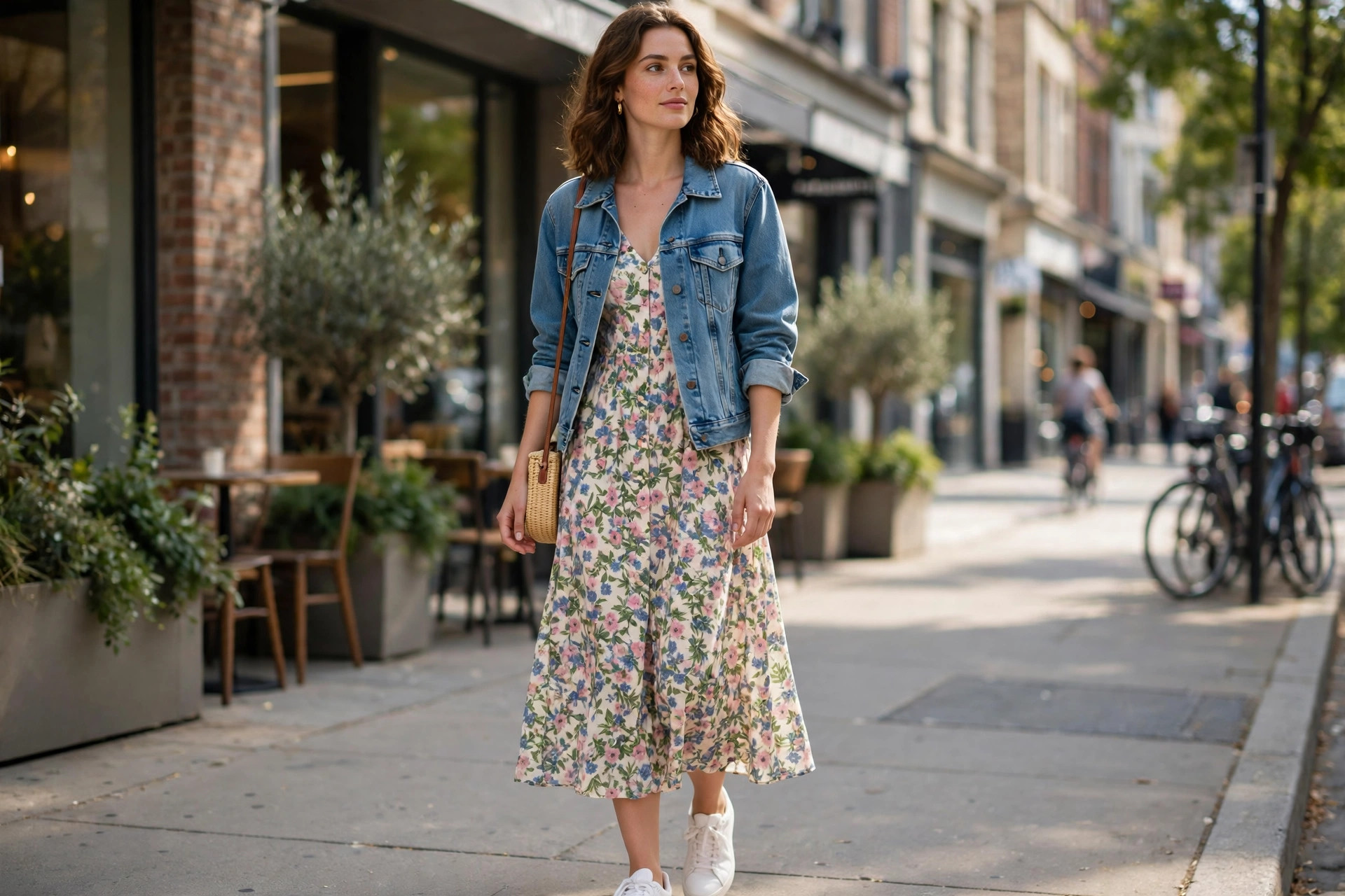 Woman wearing white sneakers with a floral midi dress and a denim jacket