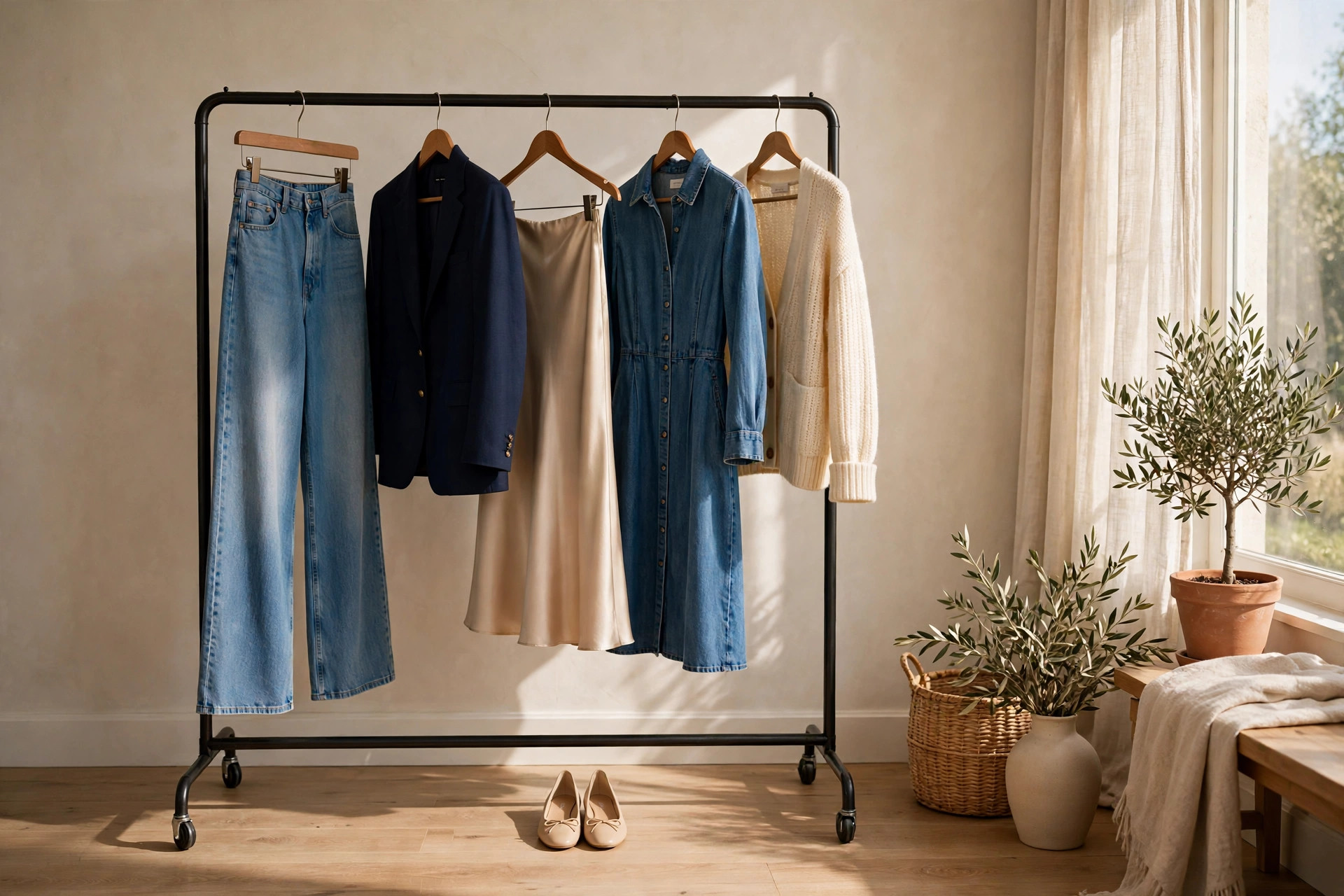 A wardrobe rail of styled clothing — jeans, a blazer, a satin skirt and knitwear — with shoes arranged below
