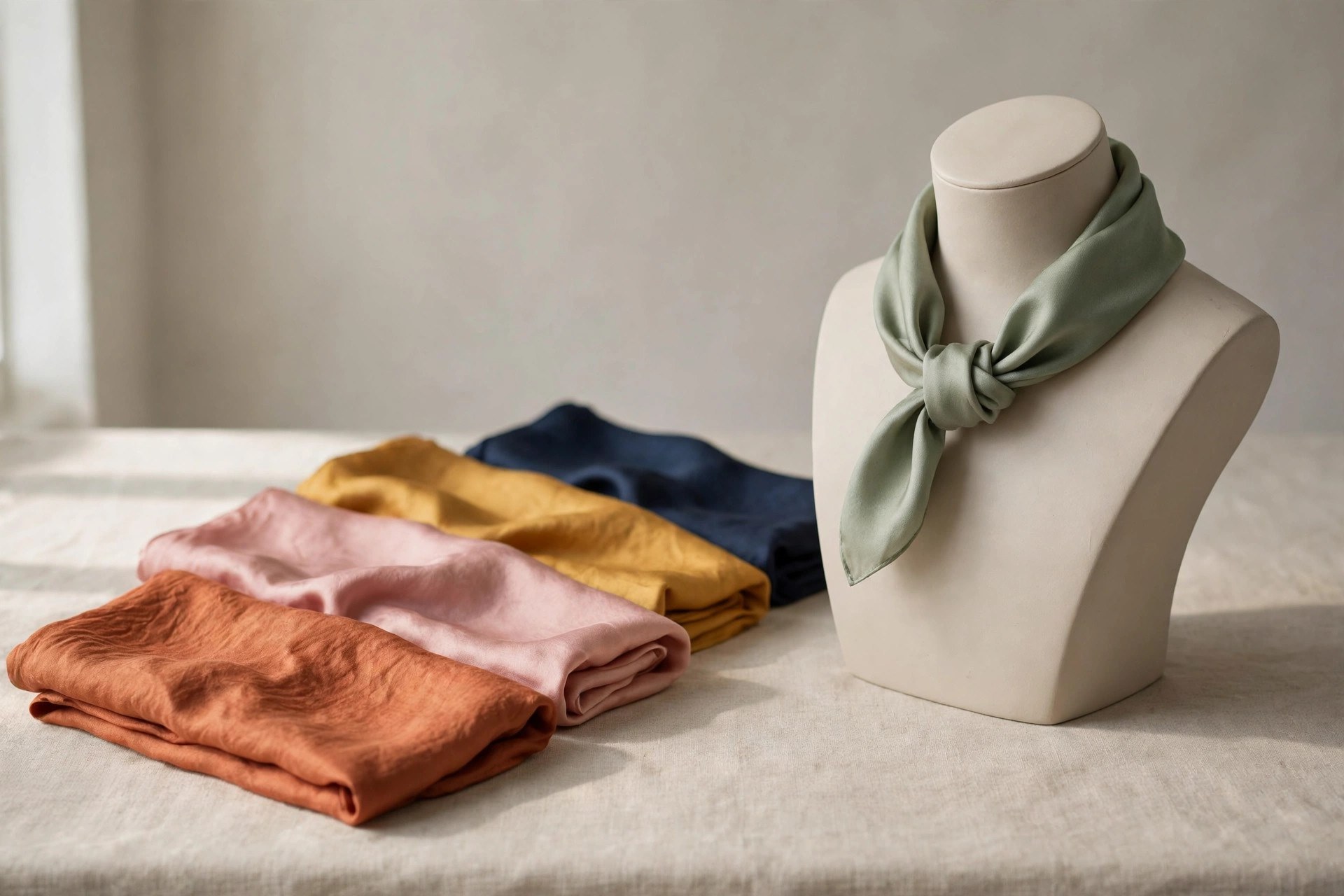 Silk scarves in several colors, one tied in a loop on a display stand