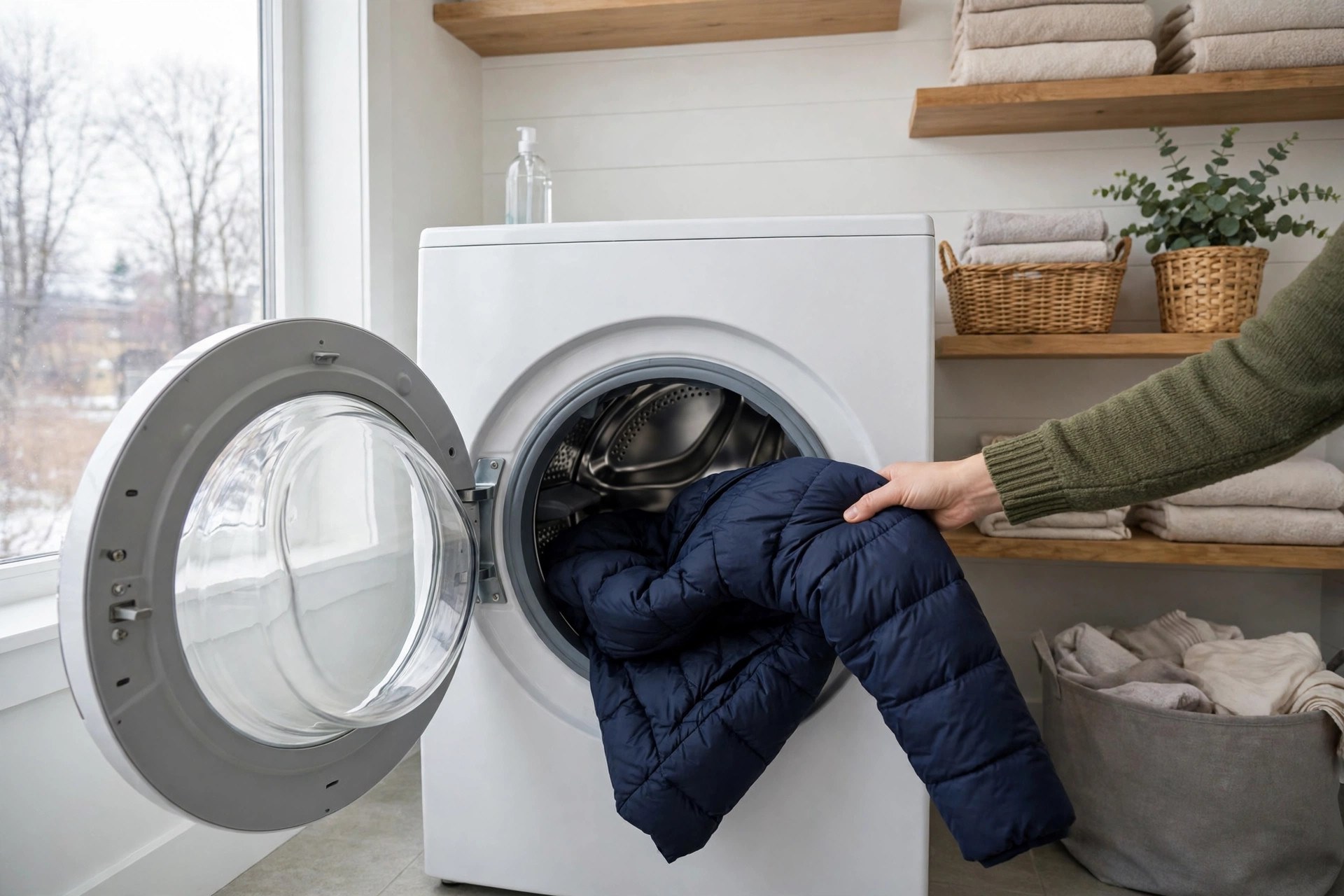 A navy down puffer coat being loaded into a large front-loading washing machine
