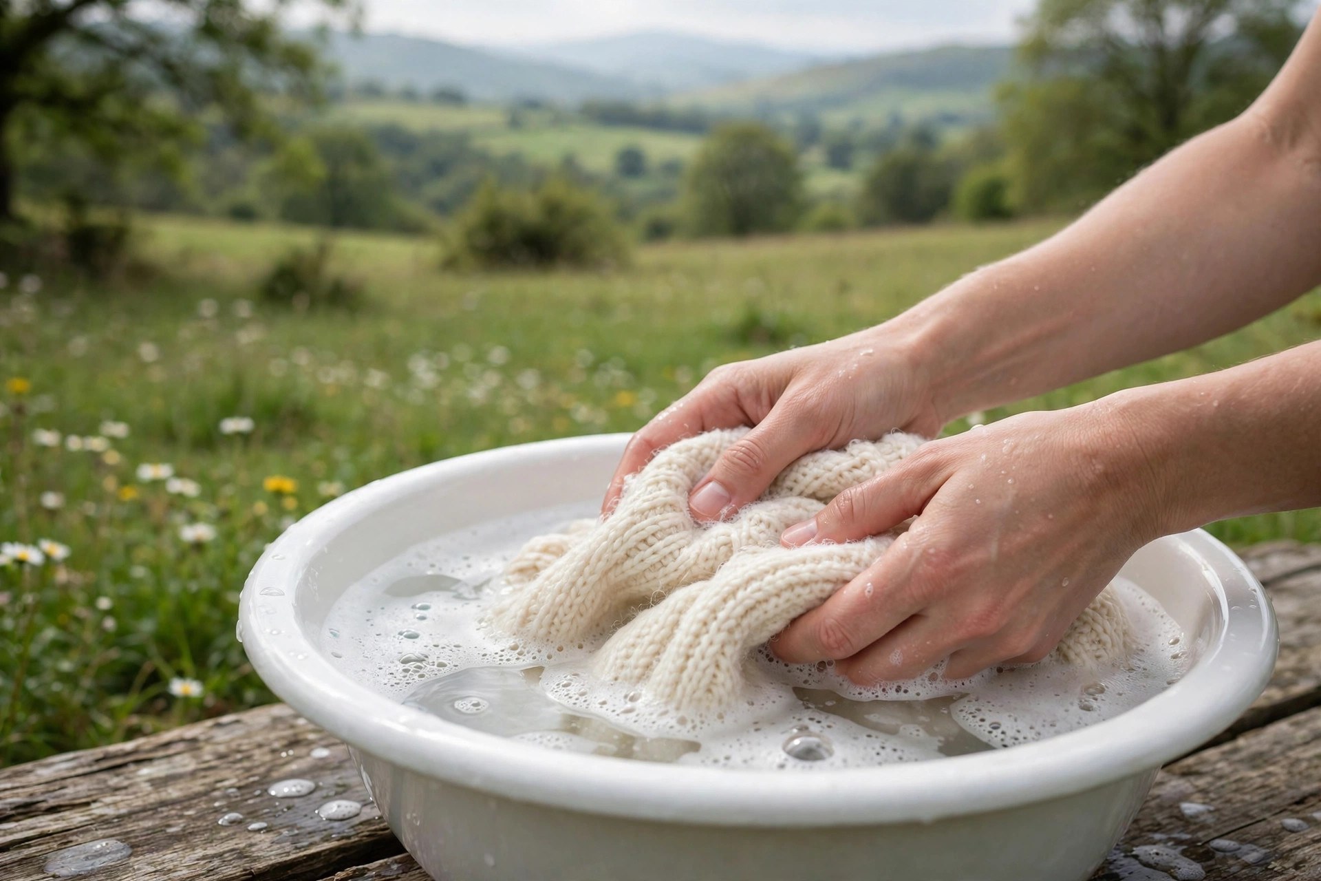 Hands gently hand washing a cream wool sweater in a basin of water