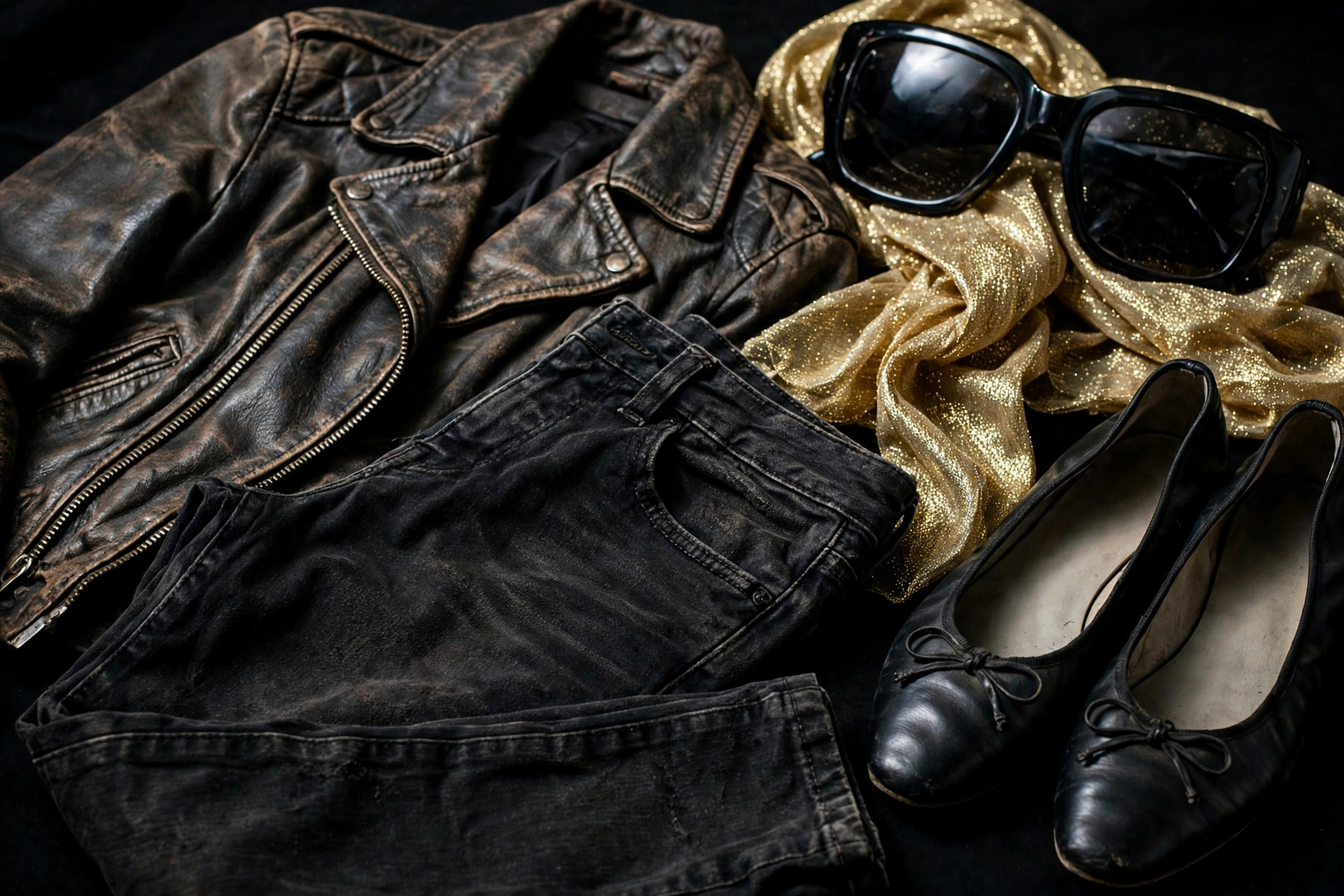 Black skinny jeans, a worn leather jacket, ballet flats, a thin gold lame scarf and oversized sunglasses arranged on a dark background in flash light