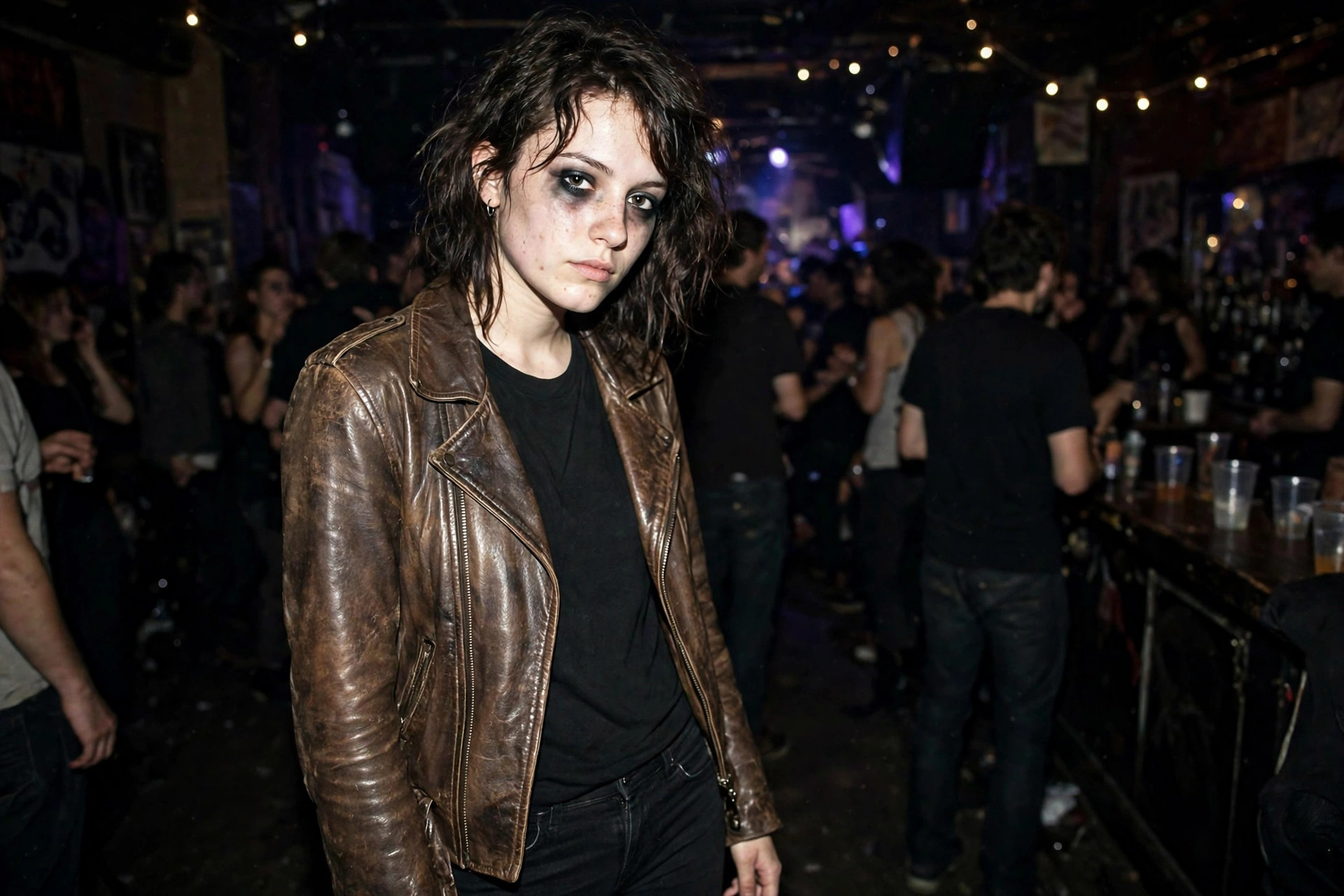 Young woman in a worn leather jacket, skinny jeans and a plain vintage-style t-shirt at a dim music venue lit by camera flash