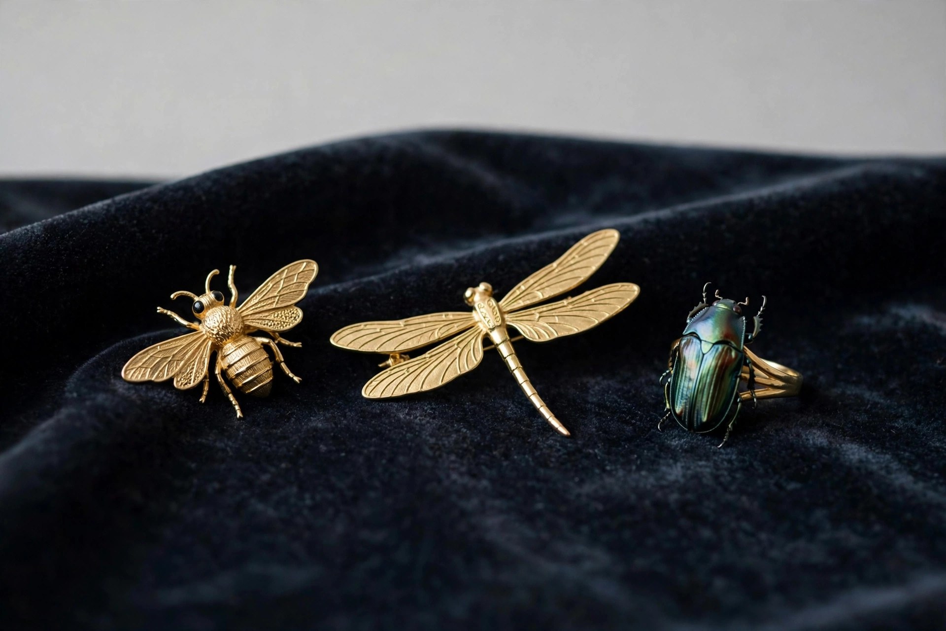 Gold bee and dragonfly brooches and a beetle ring arranged on dark velvet
