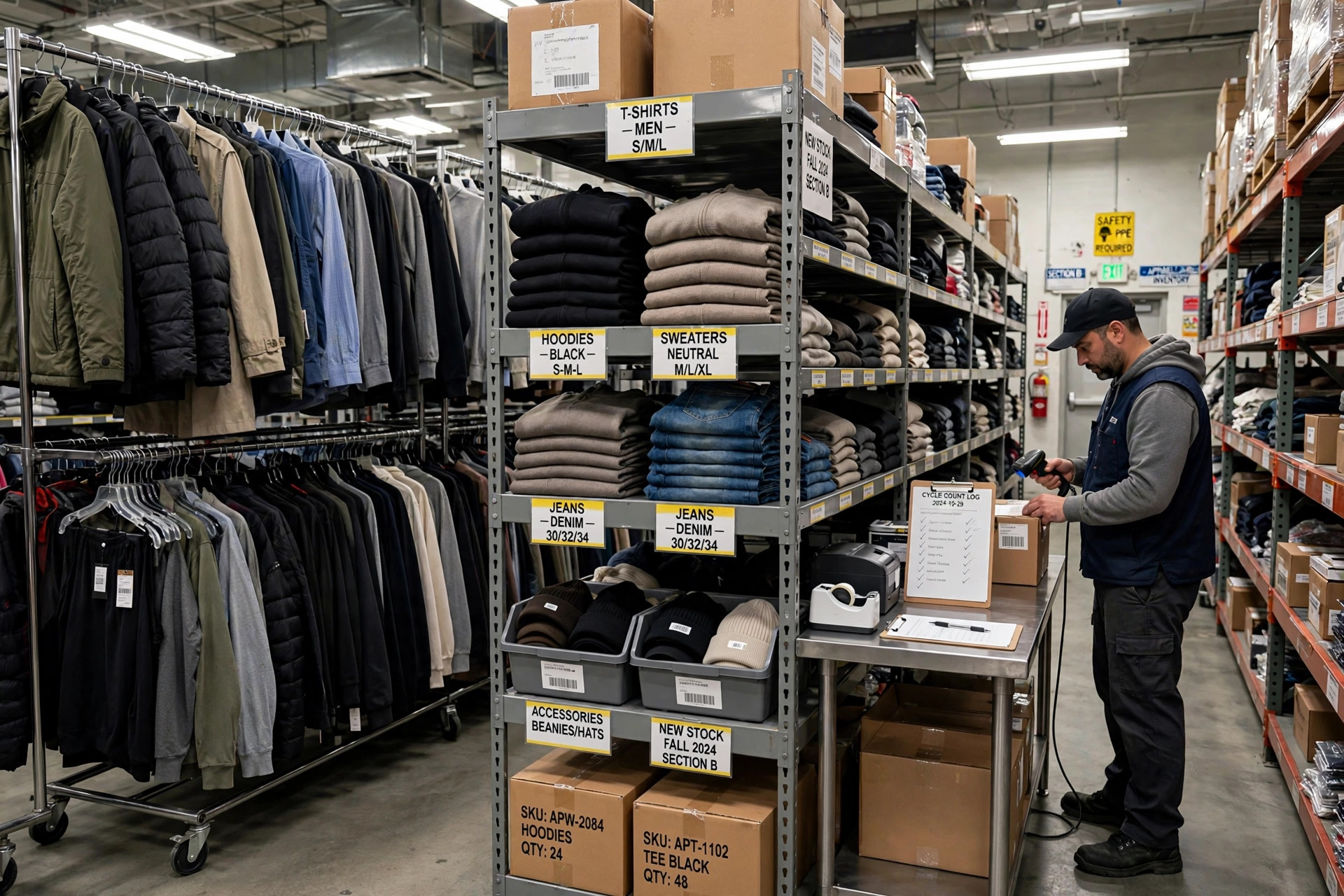 Apparel stockroom with rolling garment racks, labeled inventory shelves, and a worker scanning barcodes