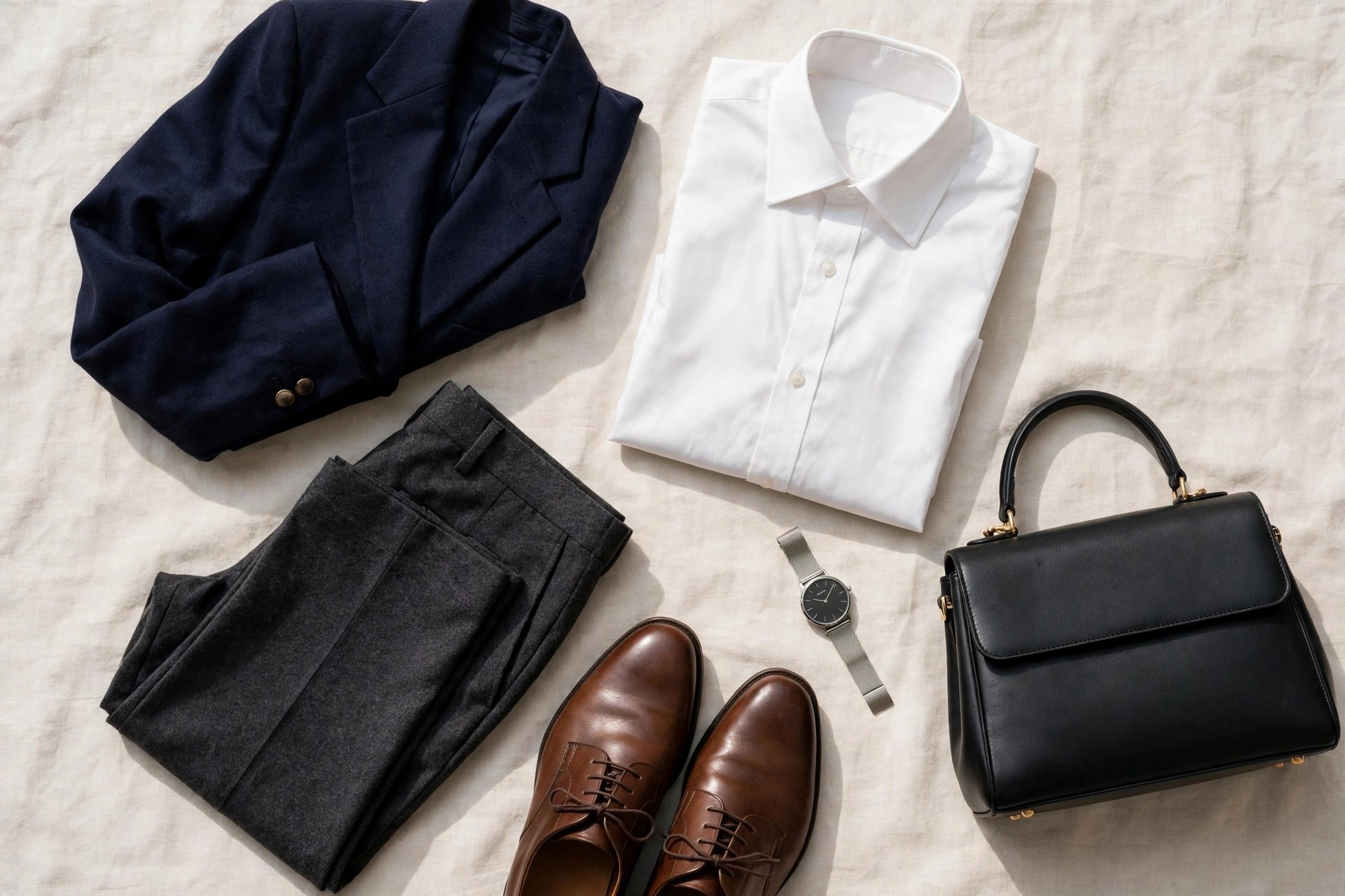 Flat lay of job interview outfit pieces: navy blazer, white dress shirt, charcoal trousers, leather dress shoes, a watch and a structured handbag