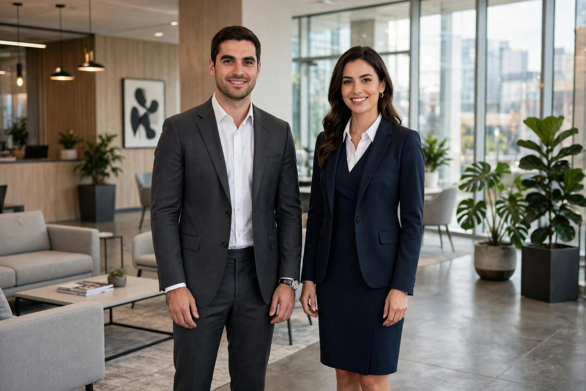 A man and woman in tailored navy and charcoal job interview outfits standing in a bright modern office lobby