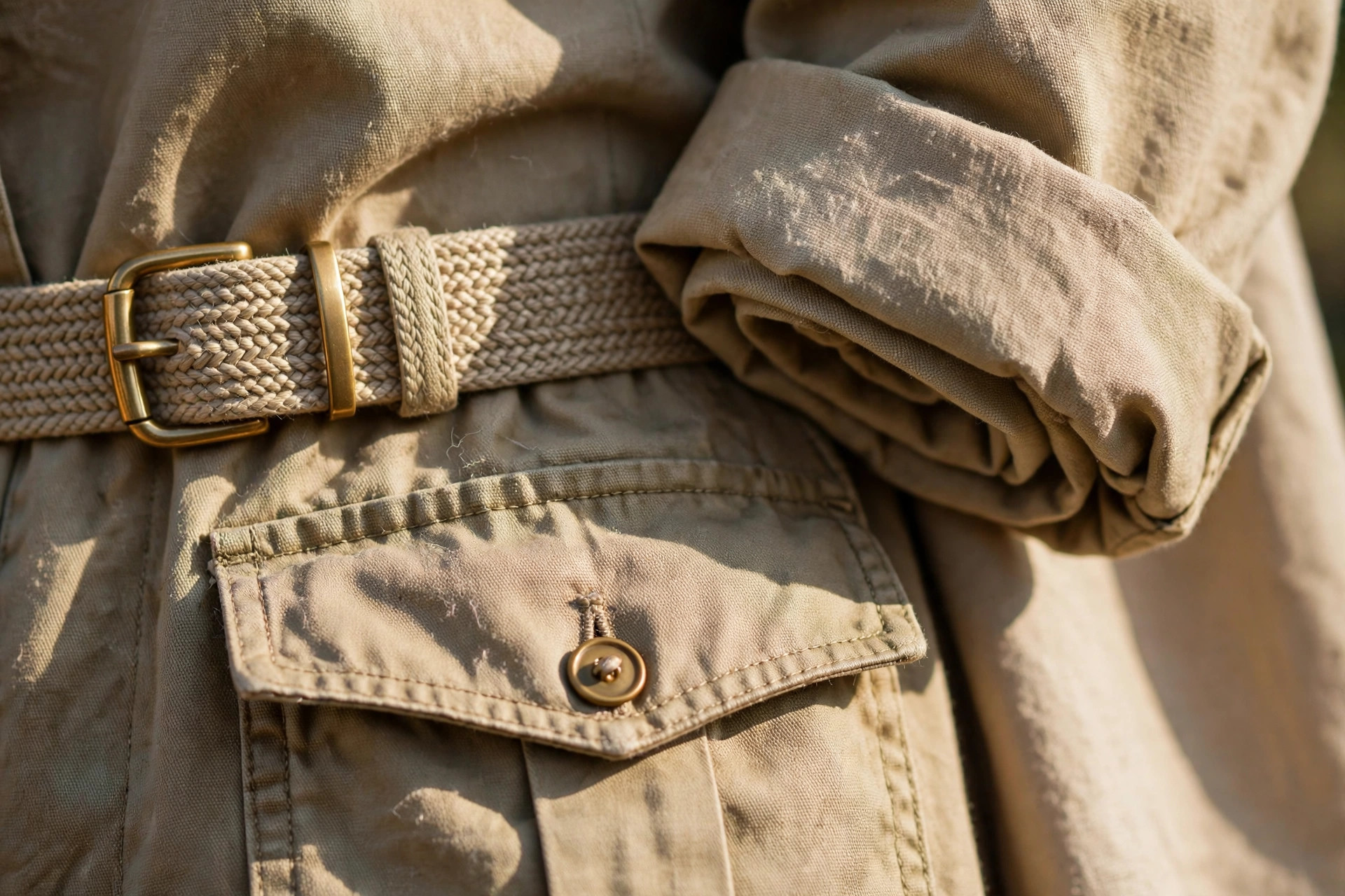 Close-up of a khaki cargo pocket with flap and button, a woven canvas belt with brass buckle and rolled khaki cotton twill sleeves