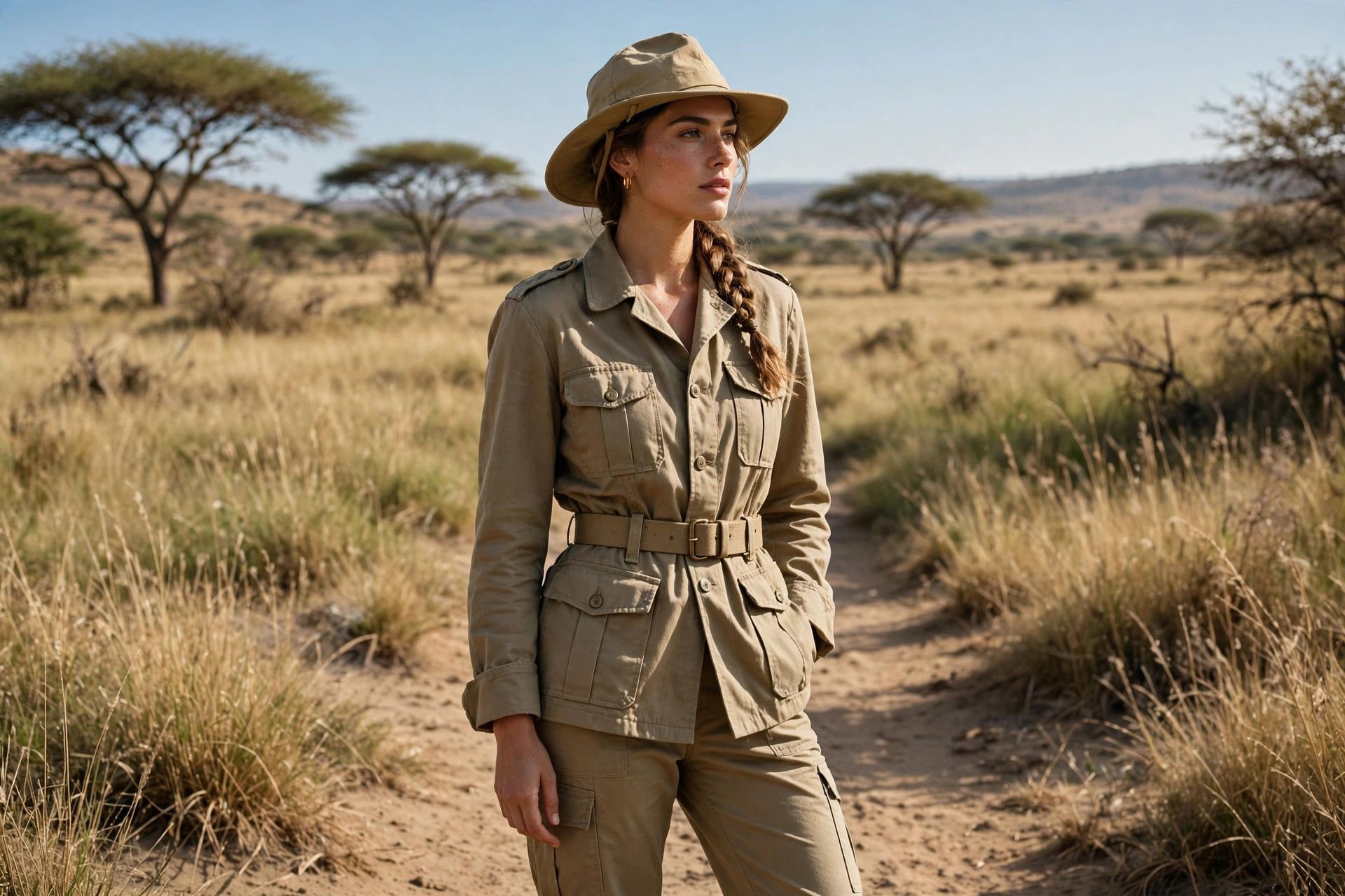 Woman in a belted khaki safari jacket, khaki cargo trousers and a canvas field hat standing on a sunlit grassland trail