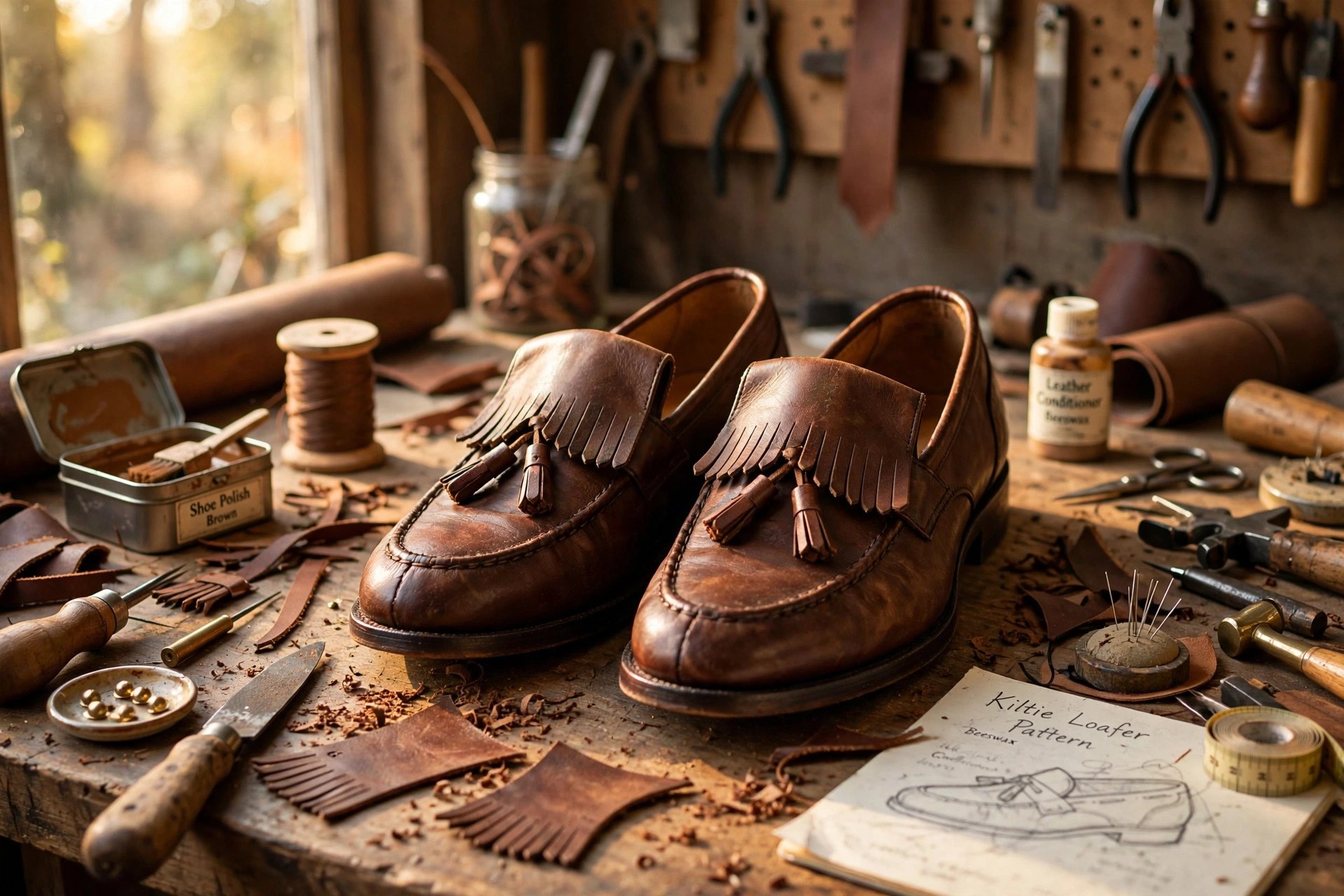A pair of dark brown leather kiltie loafers with fringed flaps and tassels over the instep, shown on a plain studio background.