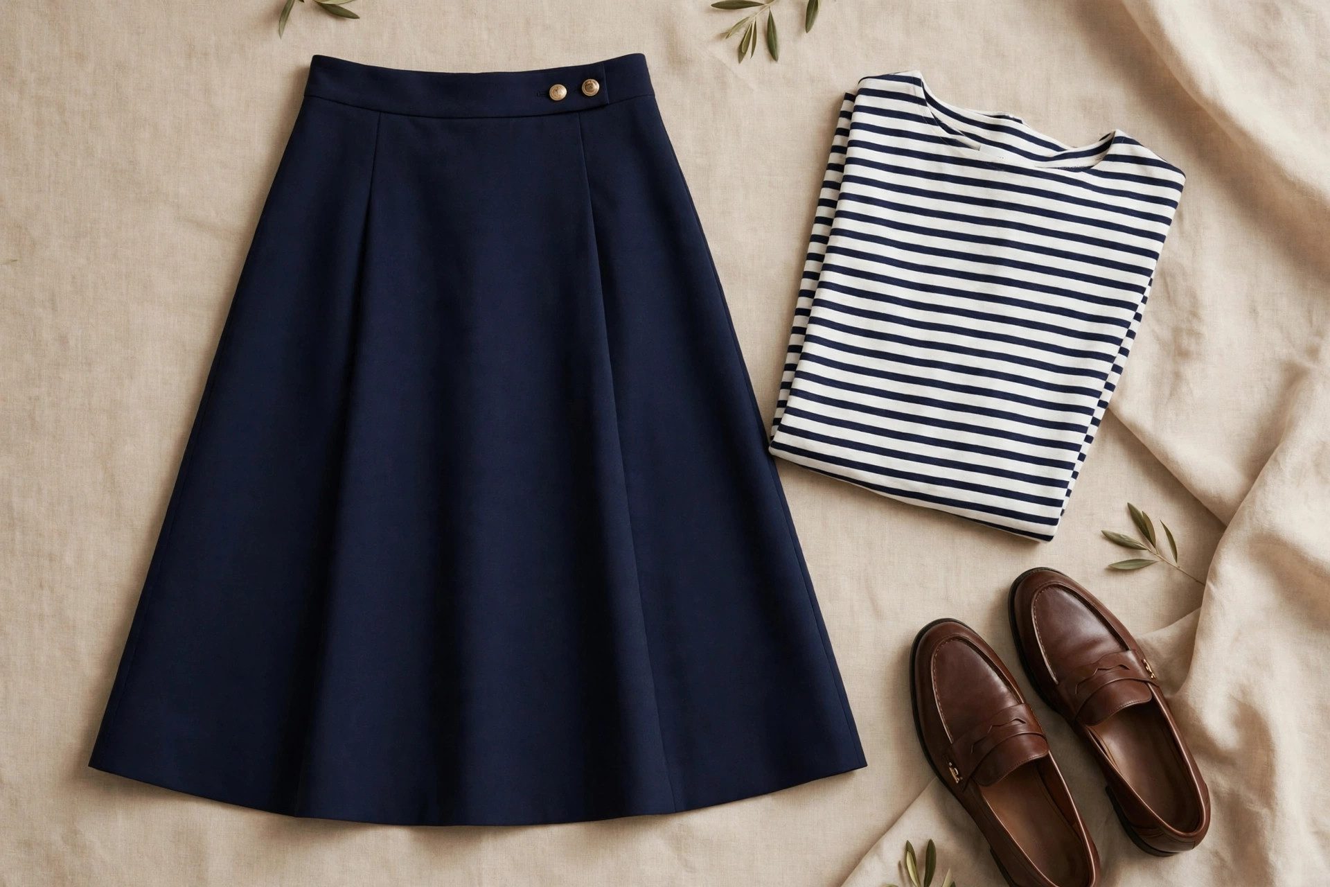 Navy knee-length A-line skirt laid flat with a striped top and brown loafers