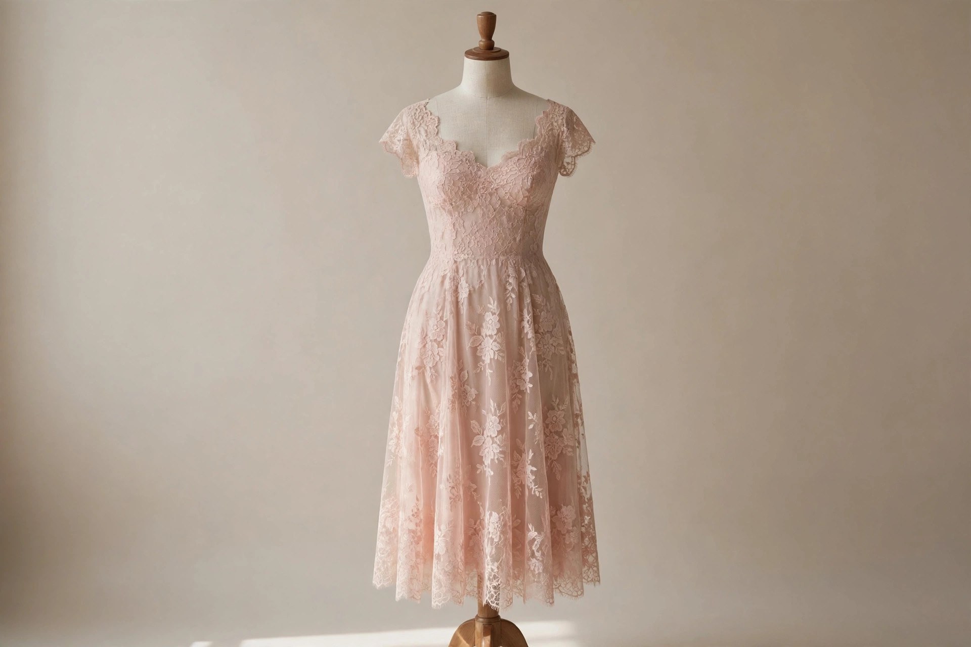 Blush pink lace dress on a dress form, with a fitted bodice, three-quarter sleeves and a lined skirt