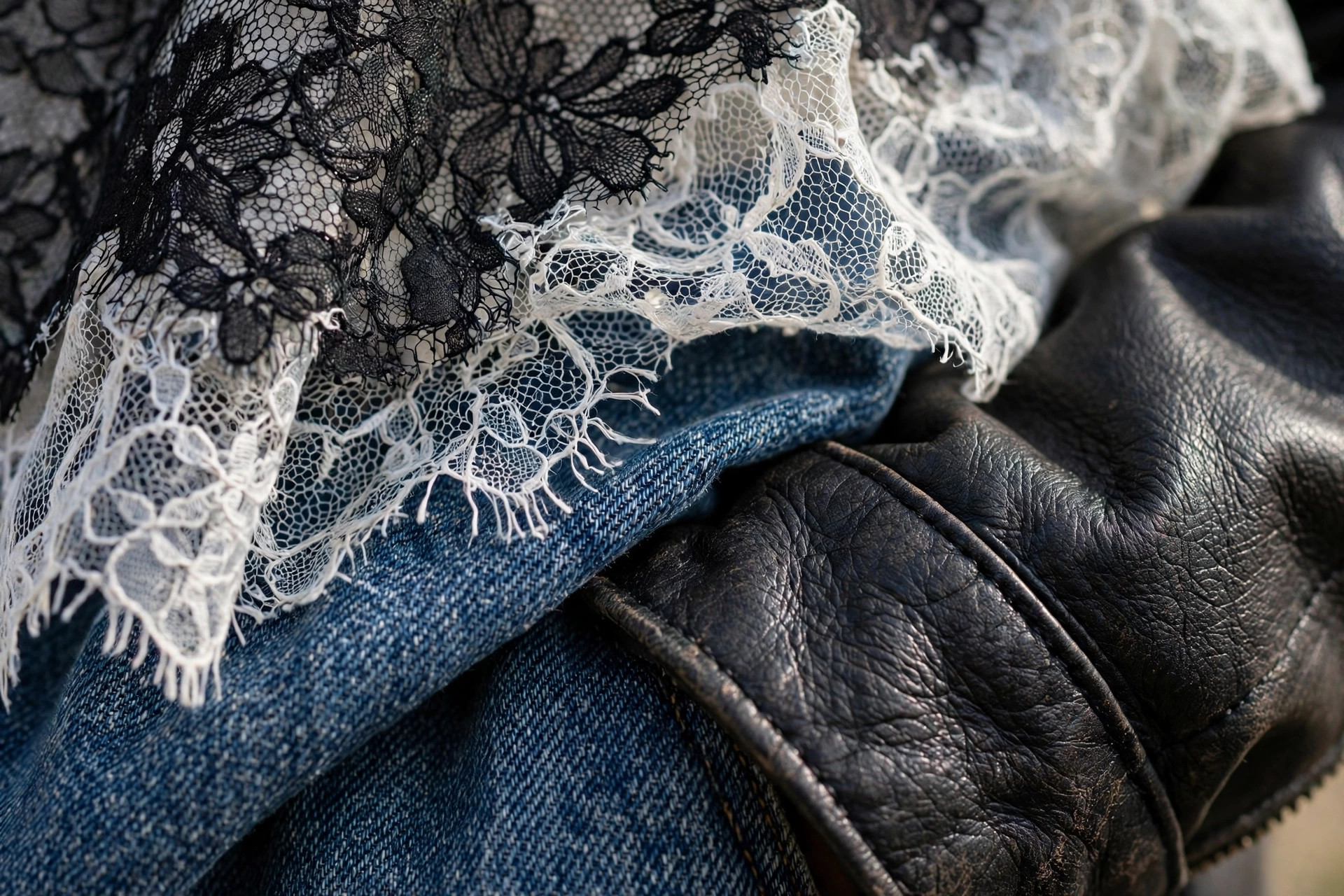 Close-up of delicate white and black lace fabric layered over denim beside a leather jacket cuff in soft daylight