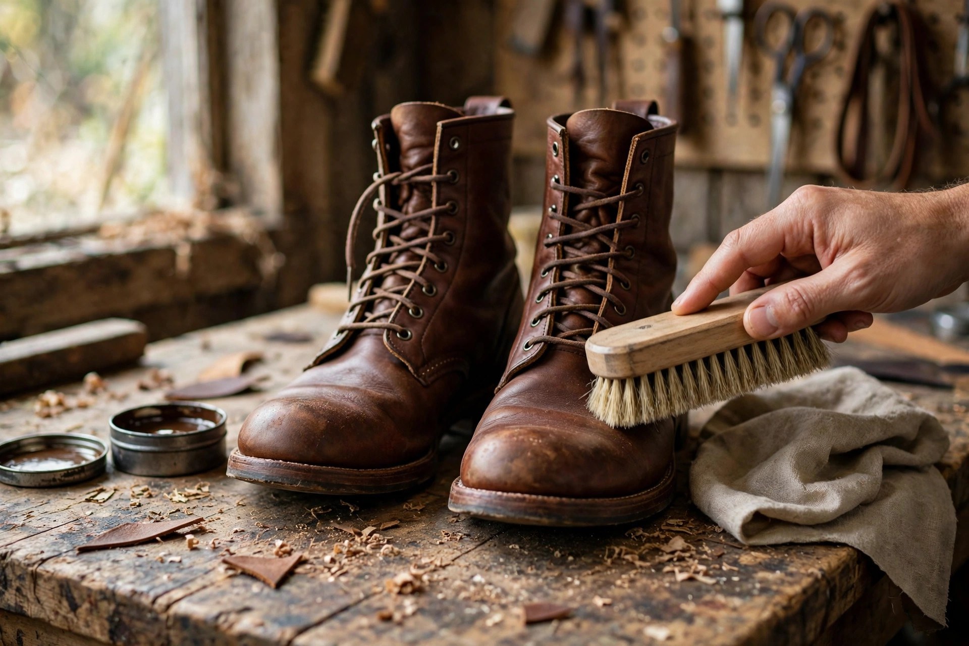 Brown leather boots being polished with a horsehair brush and cloth on a workbench