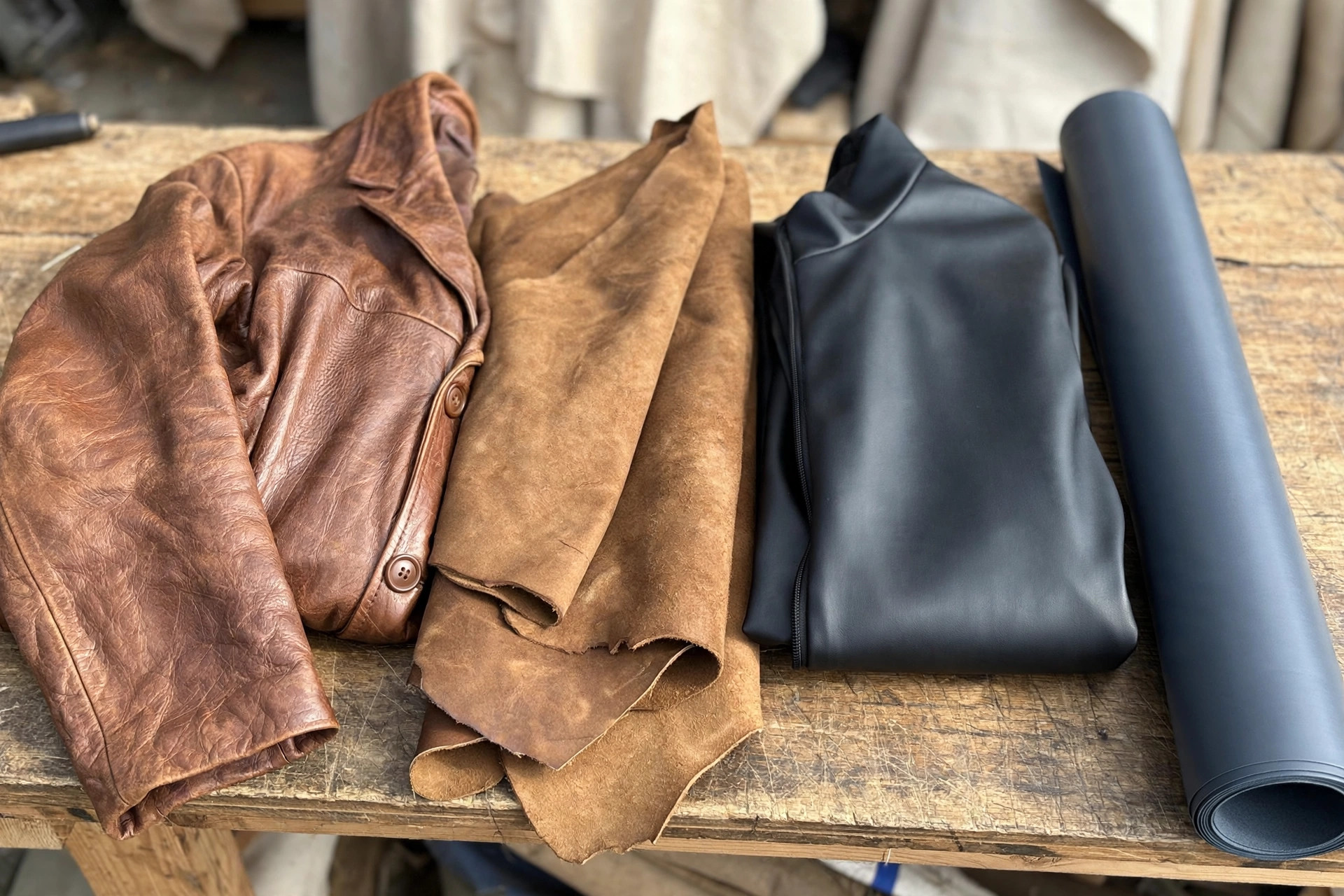 Leather jacket and leather hide beside a smooth faux leather jacket and a roll of coated synthetic fabric on a worktable