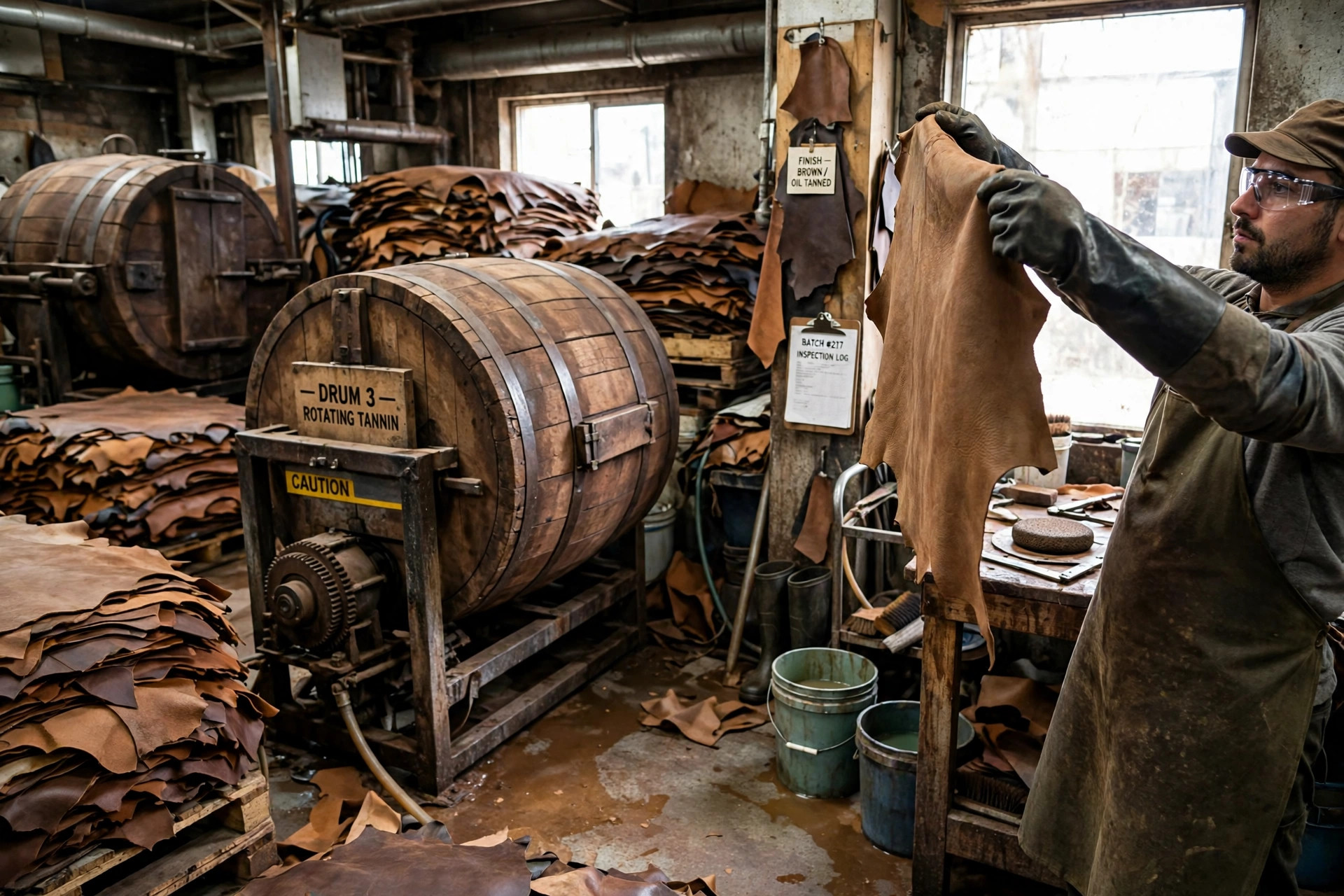 Worker inspecting a finished leather hide beside rotating tanning drums in a tannery