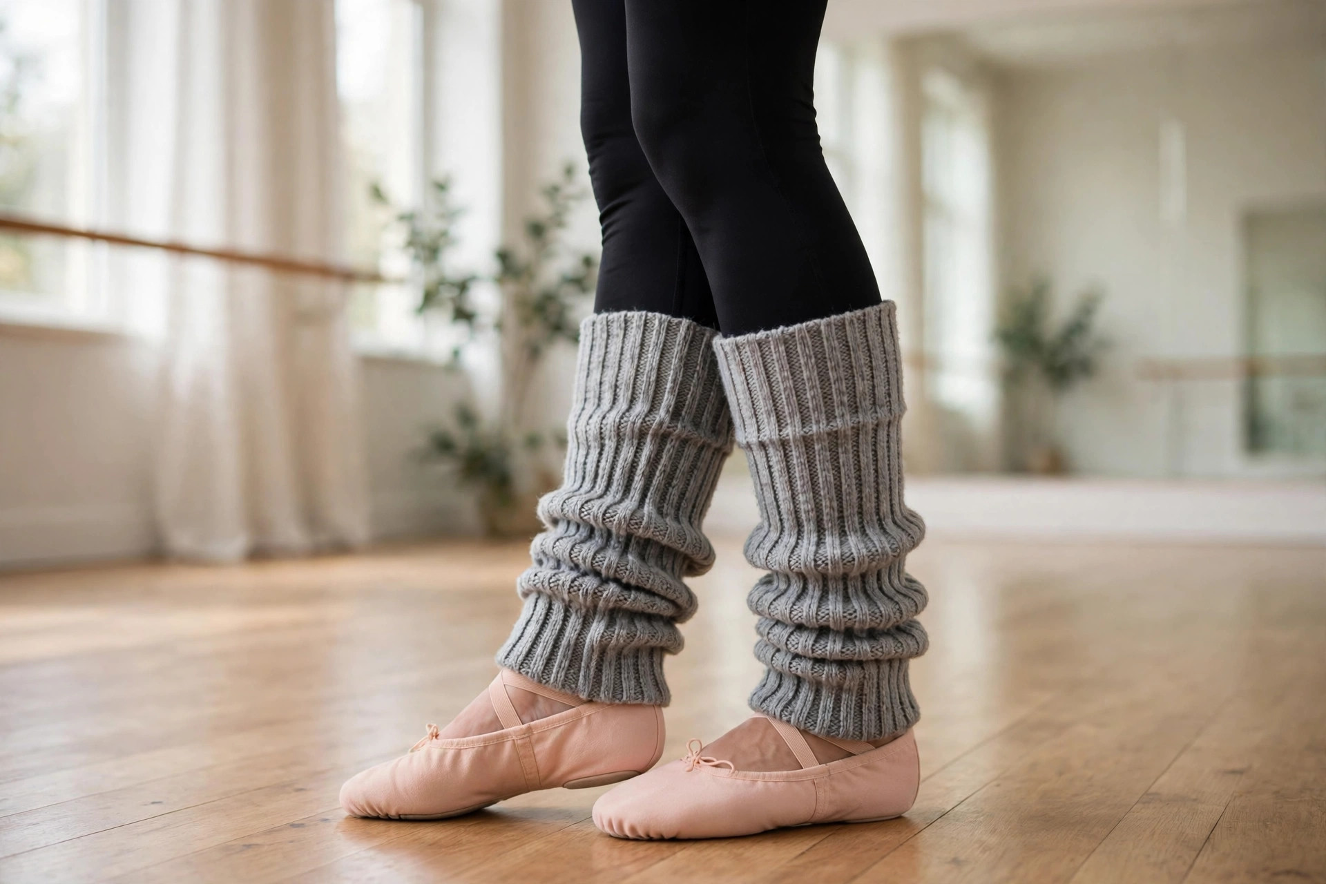 Dancer's legs in ribbed knitted leg warmers over black leggings in a bright studio