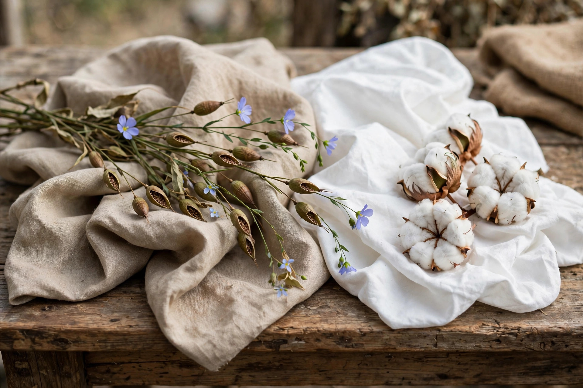 Natural linen fabric with flax stems beside white cotton fabric with raw cotton bolls on a rustic table