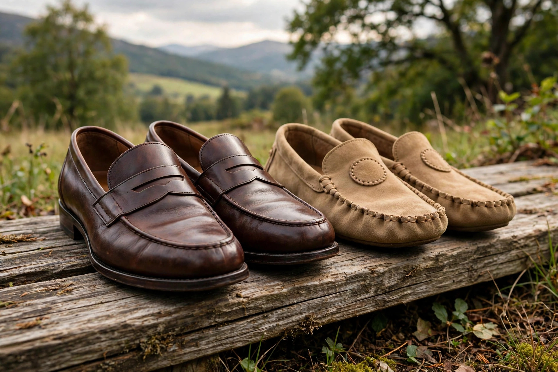 Structured leather penny loafers beside soft suede moccasins with a stitched toe plug on a wooden bench