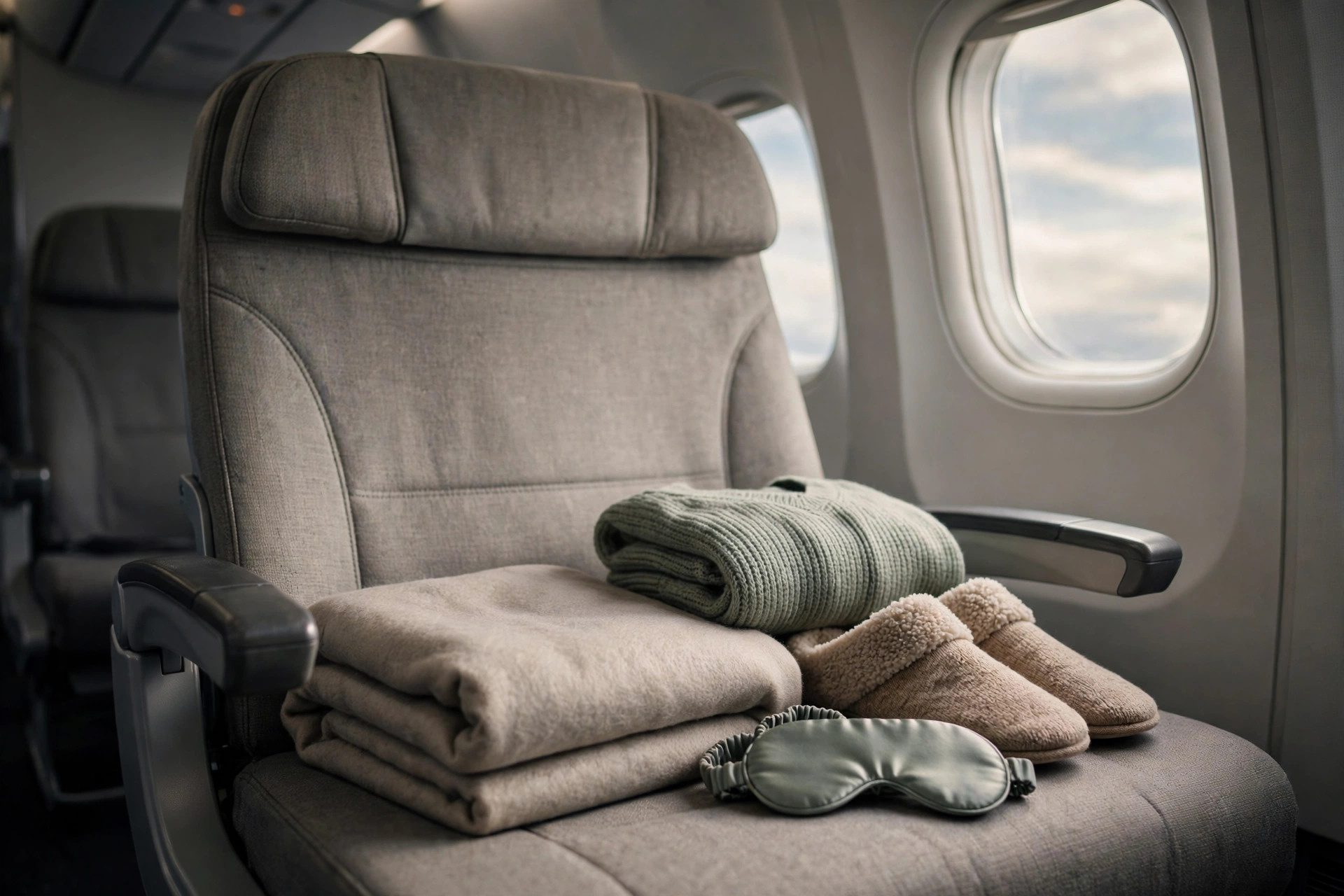 Airplane seat with a folded blanket, soft layered clothing, warm socks and an eye mask arranged for a long flight