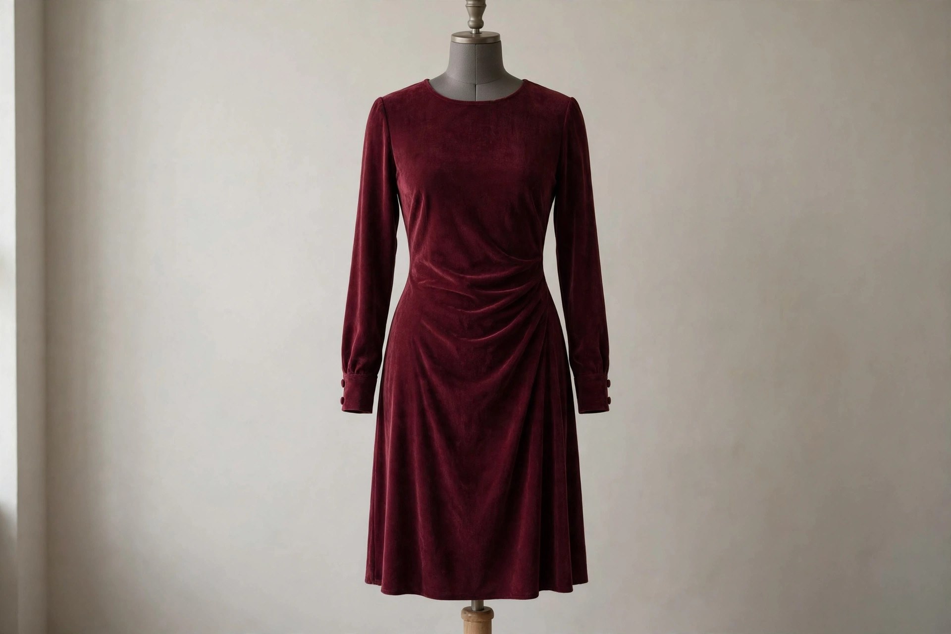 Burgundy long-sleeve dress on a dress form in a studio setting