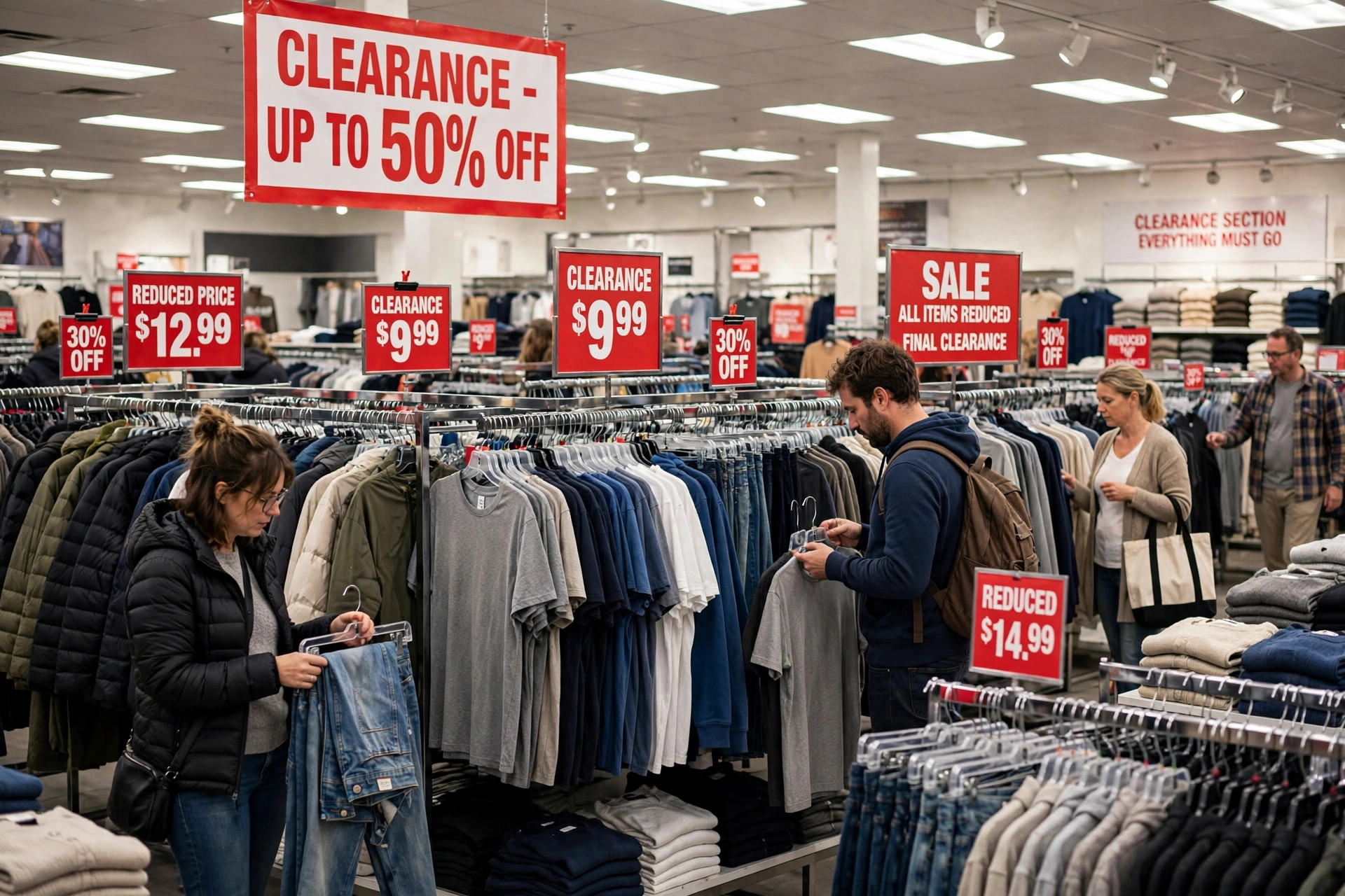 Clothing store clearance section with garment racks, red reduced-price signs, and shoppers browsing discounted apparel