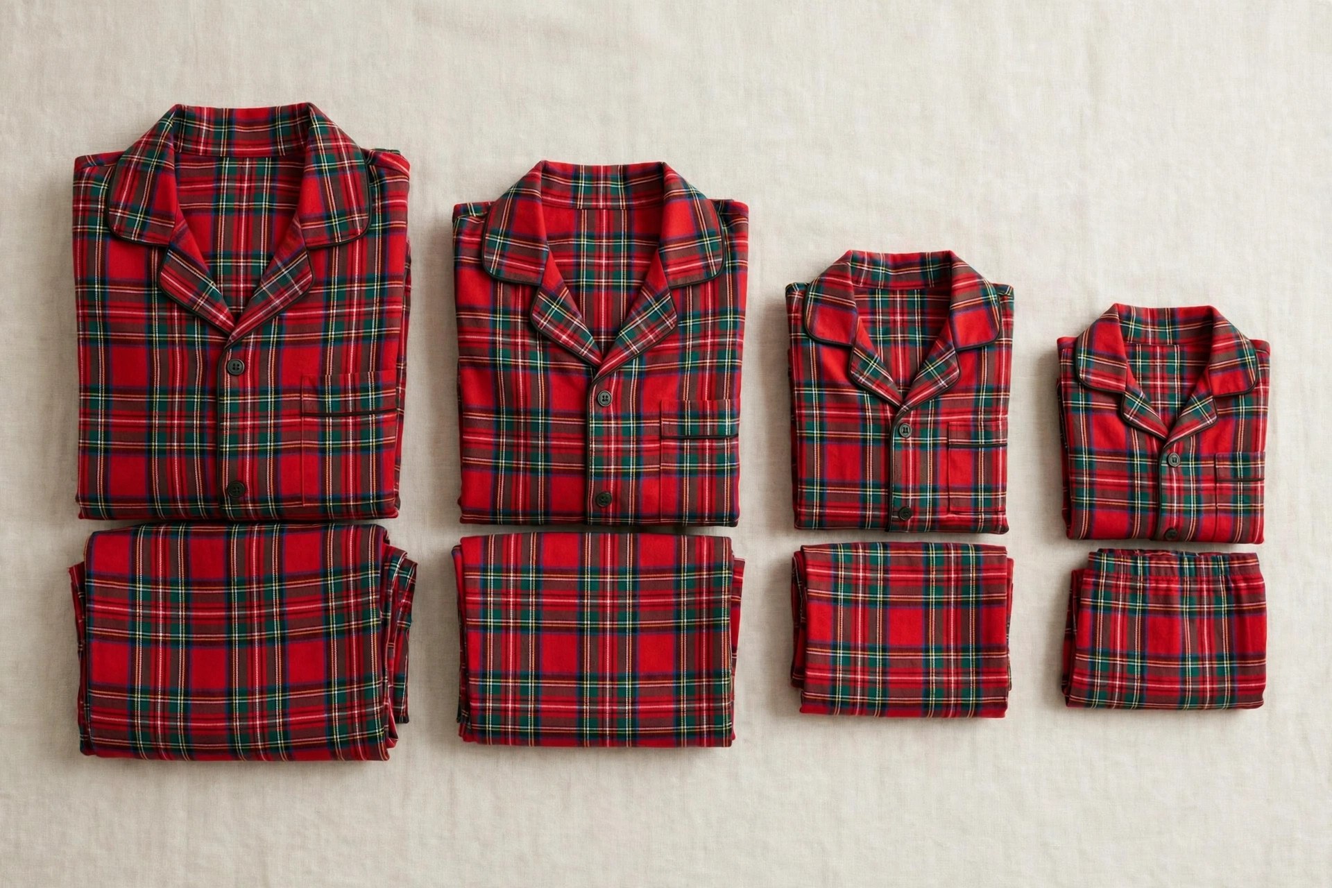 Flat lay of matching family pajama sets in red and green plaid flannel, folded in a row in adult and smaller sizes, garments only