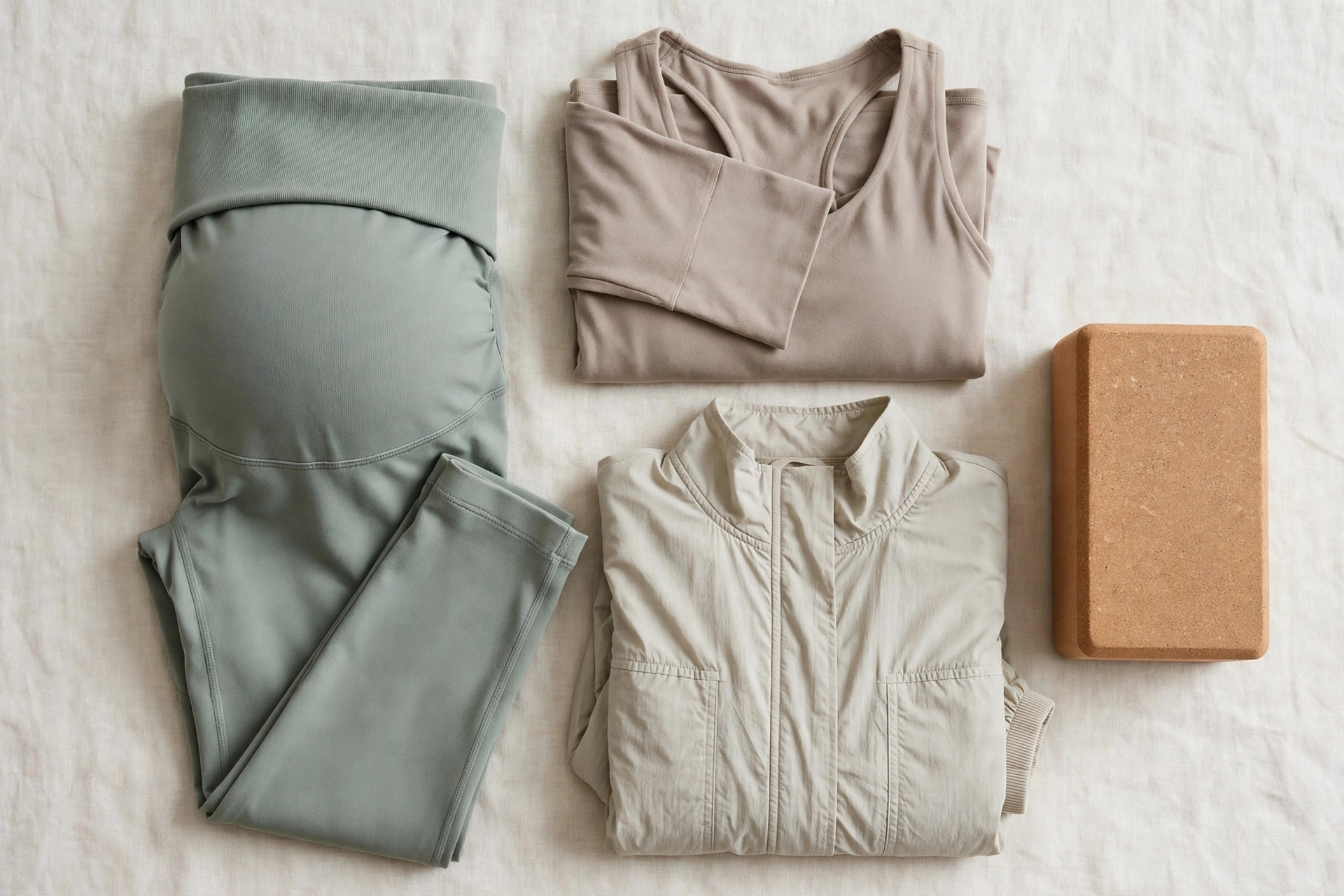 Folded maternity activewear garments — over-bump panel maternity leggings, a maternity sports top and a light jacket — arranged beside a prenatal yoga block