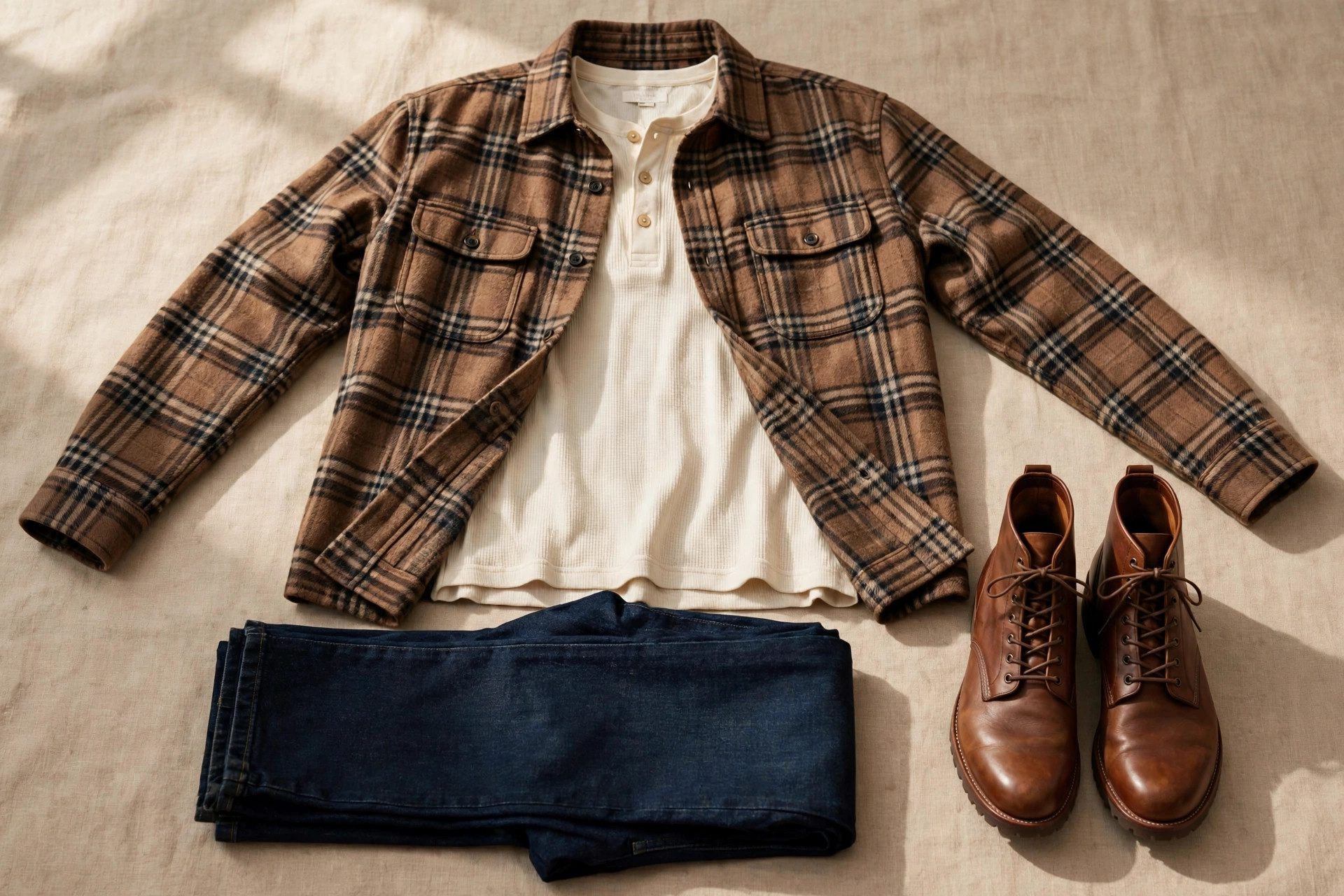 Flat lay of a men's outfit with a flannel shacket worn open over a henley, dark jeans and leather boots