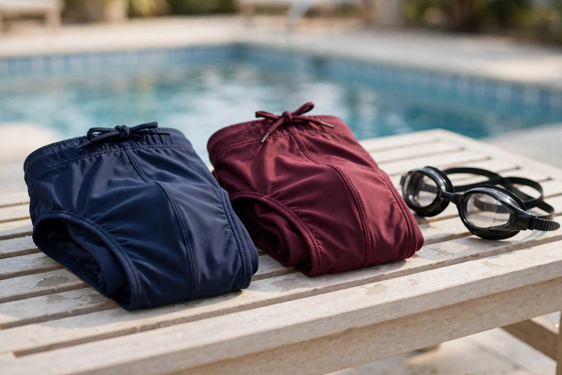 Two pairs of men's swim briefs in navy and burgundy folded on a poolside bench beside swimming goggles, showing the drawstring waist