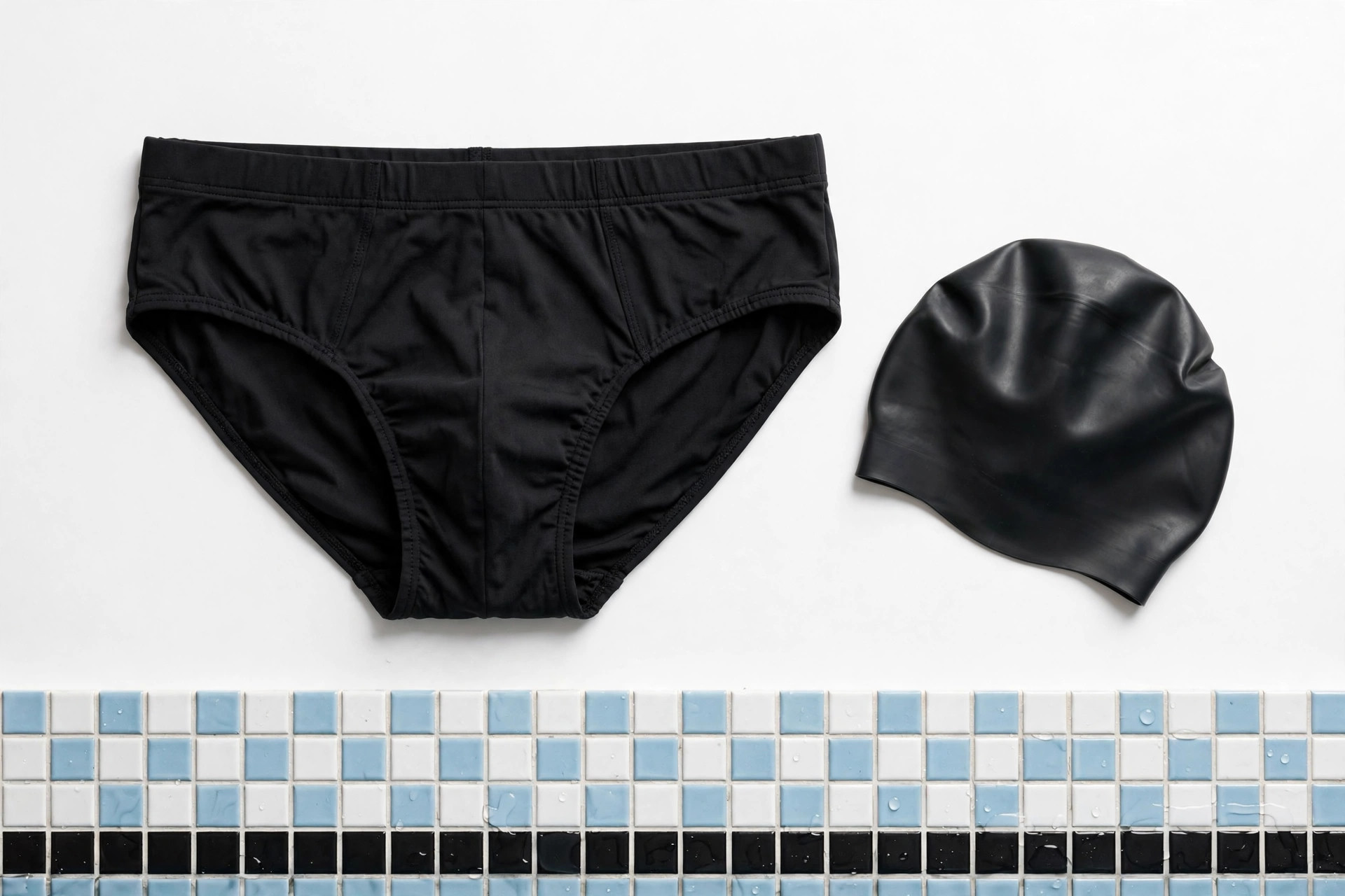 Classic black men's swim briefs laid flat on a white studio background beside a swim cap and pool lane tiles