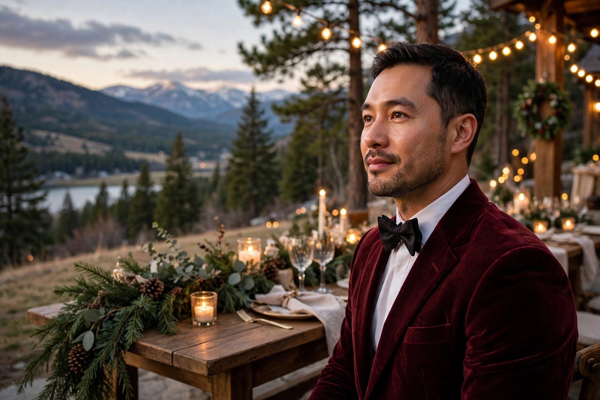 A man wearing a burgundy velvet dinner jacket with a bow tie at a holiday celebration
