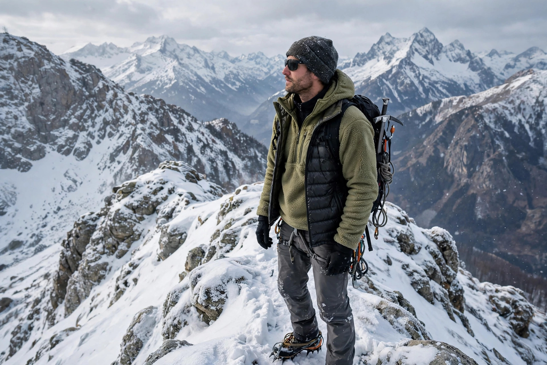 Adult climber on a snowy ridge wearing a fleece mid-layer over a base layer, with mountains behind
