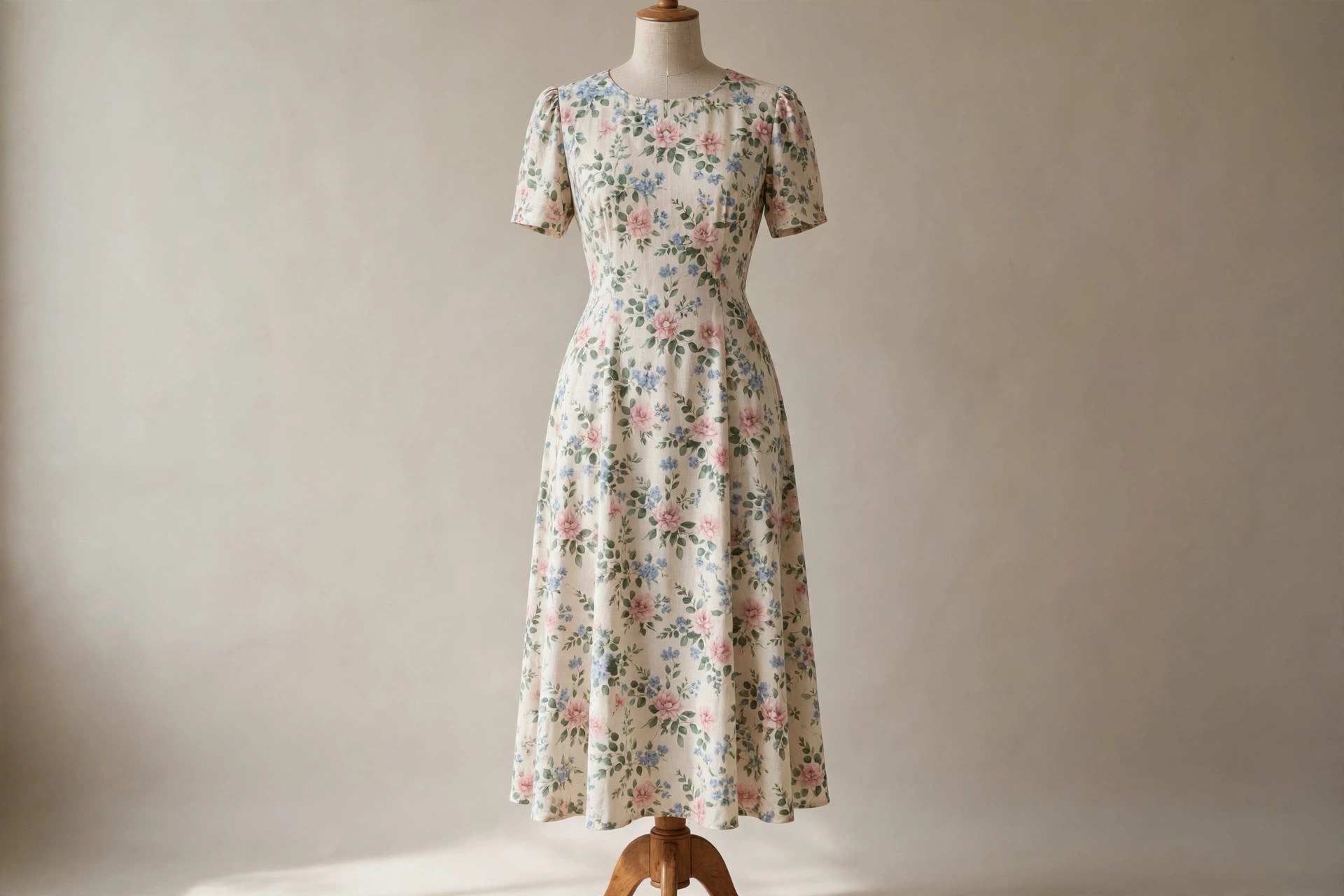 Floral midi dress on a dress form in a studio setting