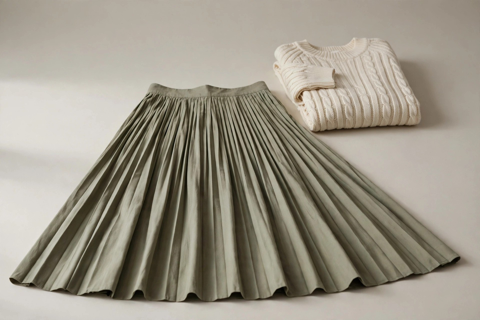 Pleated midi skirt laid flat with a folded knit top