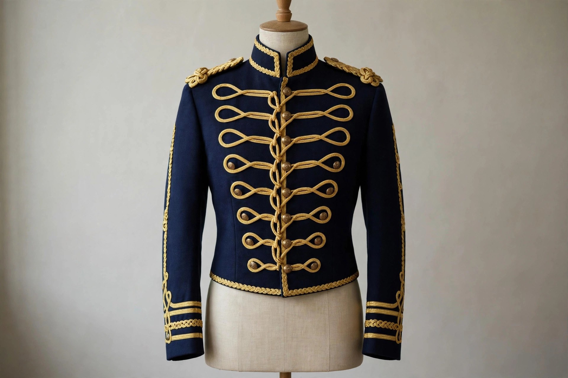 Navy military band jacket with gold braid and buttons on a dress form