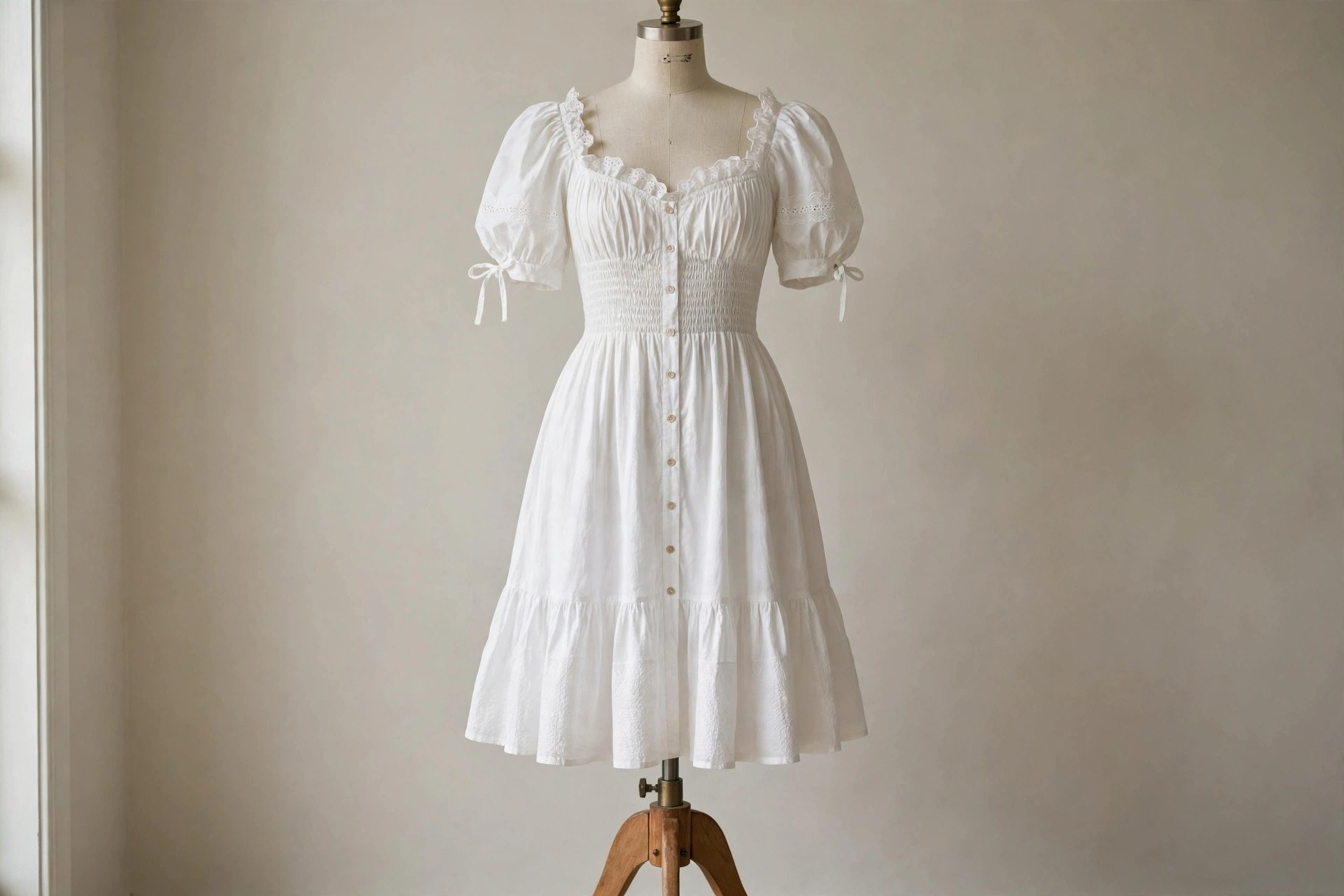 White cotton milkmaid dress with puff sleeves on a dress form, showing the gathered bust and flowing skirt