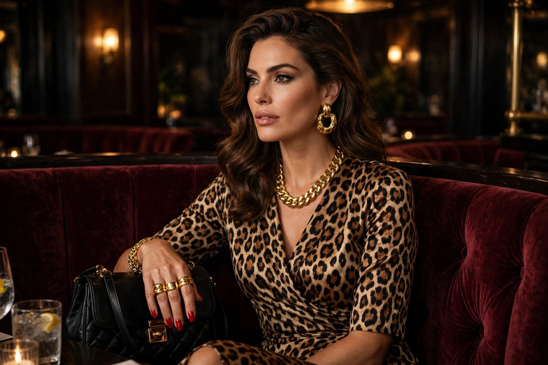 Woman in mob wife style details wearing a leopard print dress with chunky gold jewellery and a black leather handbag, seated in a plush velvet restaurant booth