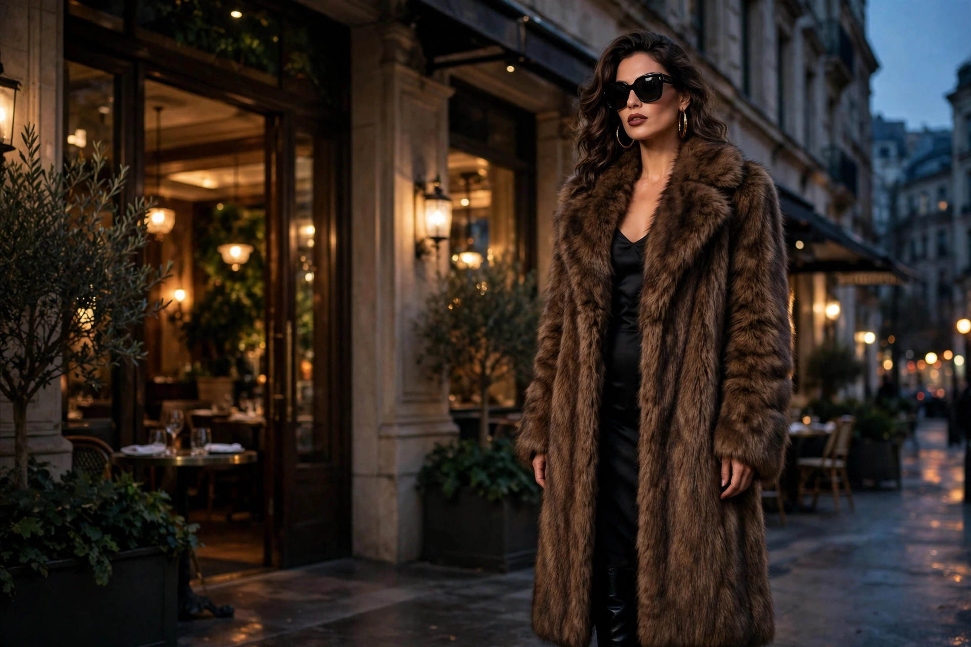 Confident woman wearing a long faux fur coat over a black dress with gold hoop earrings, sunglasses and heeled boots outside an elegant city restaurant at dusk