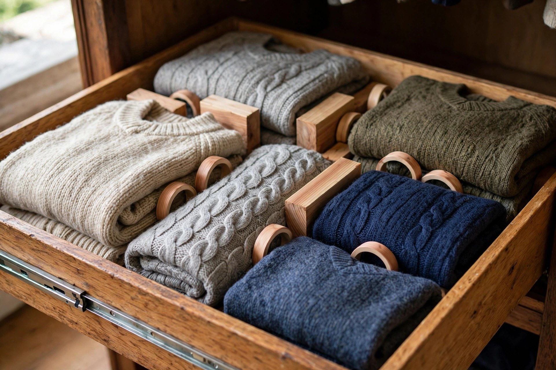 Folded wool sweaters in an open wardrobe drawer with cedar rings and blocks between them