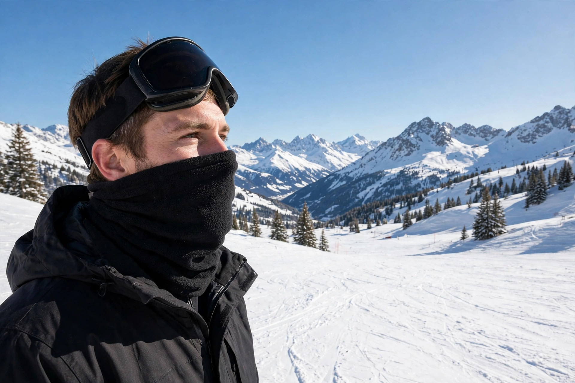 Adult skier wearing a fleece neck gaiter pulled up over his chin on a sunny slope