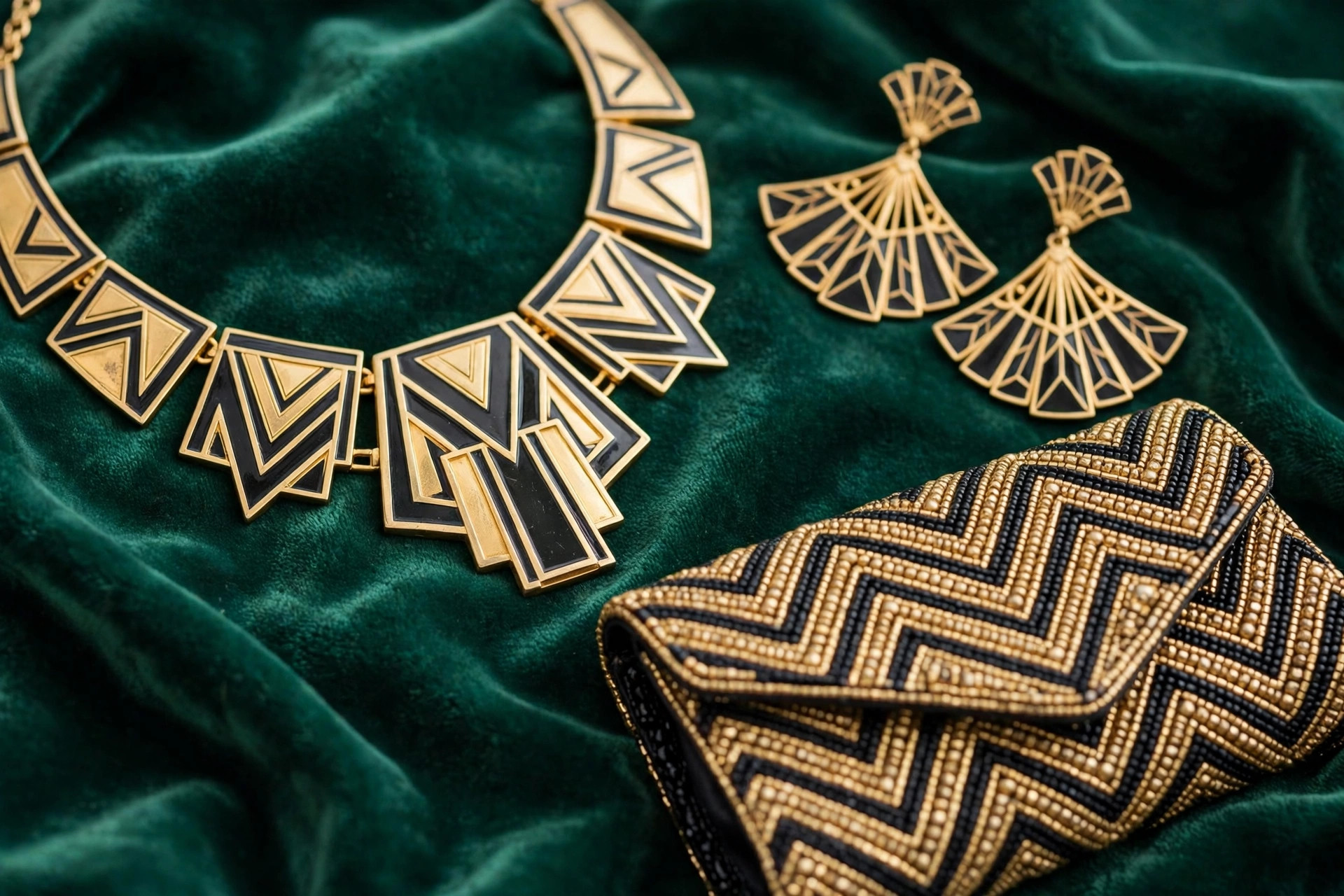 Geometric gold and black enamel necklace, fan-shaped earrings and a chevron-patterned beaded evening clutch on emerald green velvet
