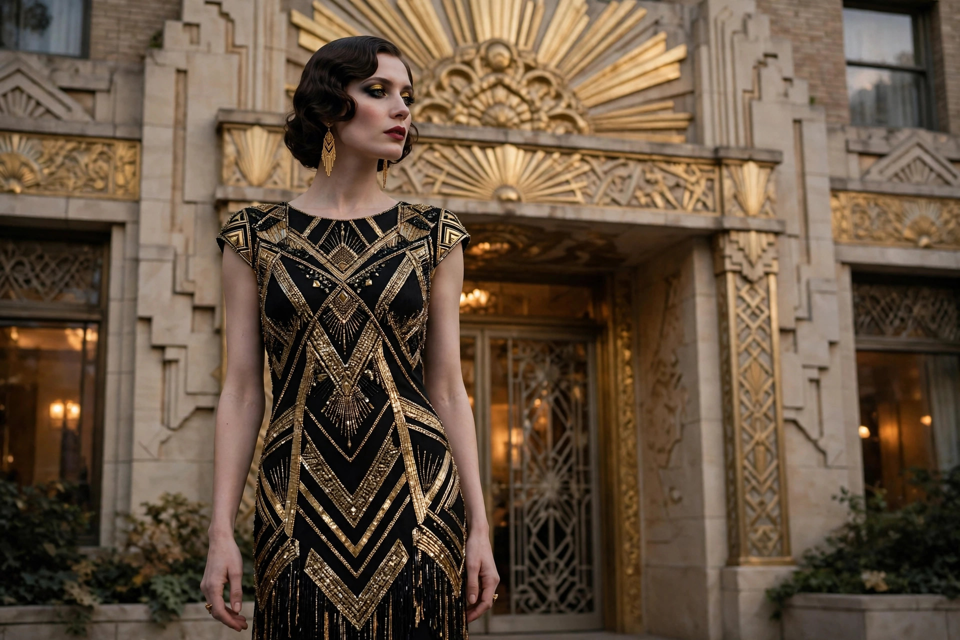 Woman in a black and gold geometric beaded Neo Deco evening gown posed against a 1920s Art Deco hotel facade with sunburst detailing