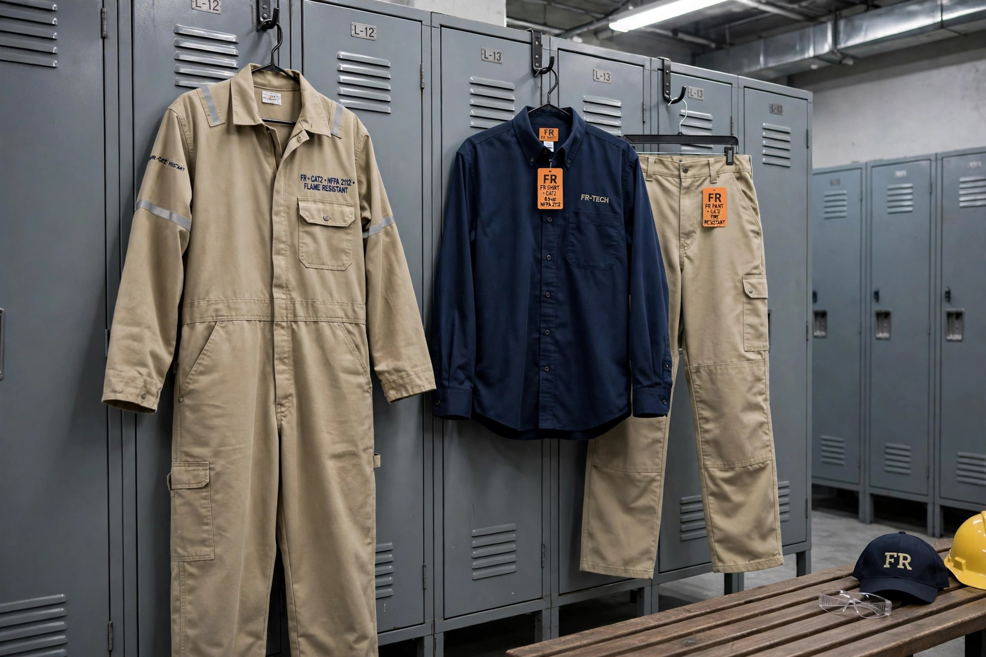 Flame-resistant coveralls and FR shirt and pants set hanging in an industrial locker room