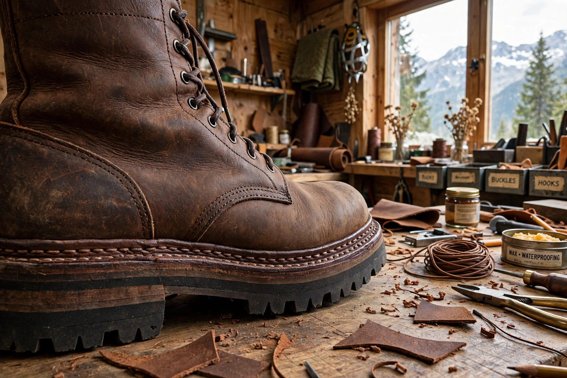 A heavy leather hiking boot with a Norwegian welt, showing an outward-turned upper and two visible rows of stitching around the sole
