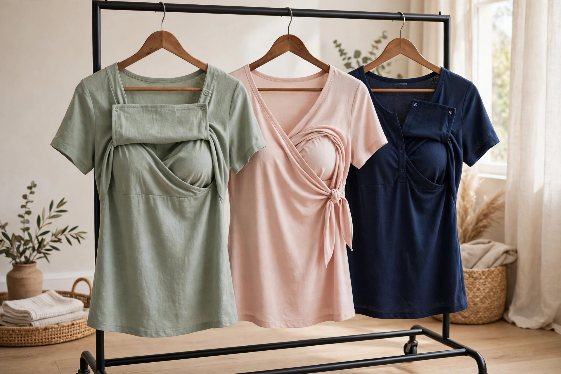 Women's nursing tops in soft sage, blush and navy hanging on a clothing rack, showing lift-up and pull-aside front panel designs