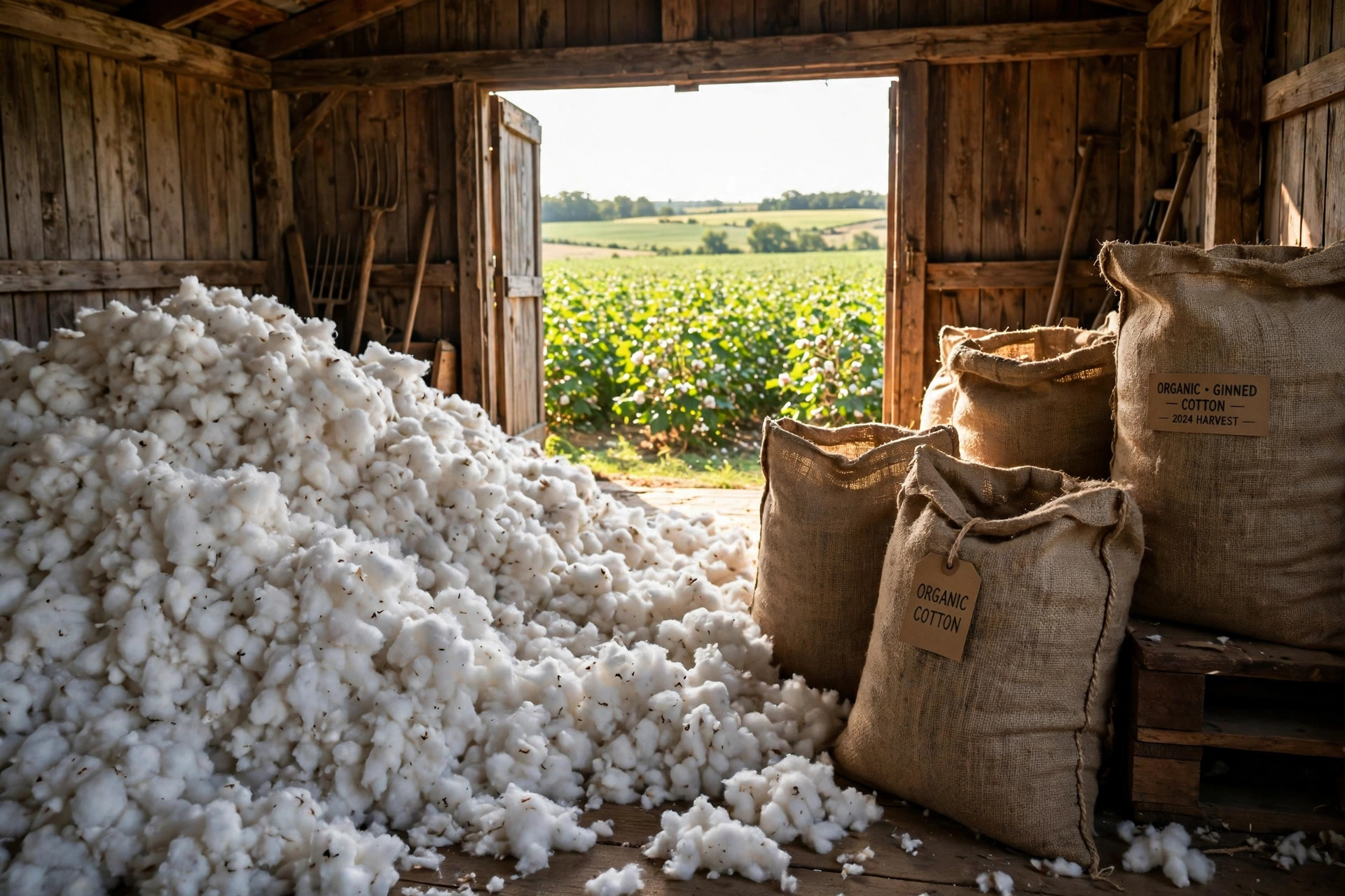 Freshly ginned organic cotton piled beside woven sacks with a cotton field in the background