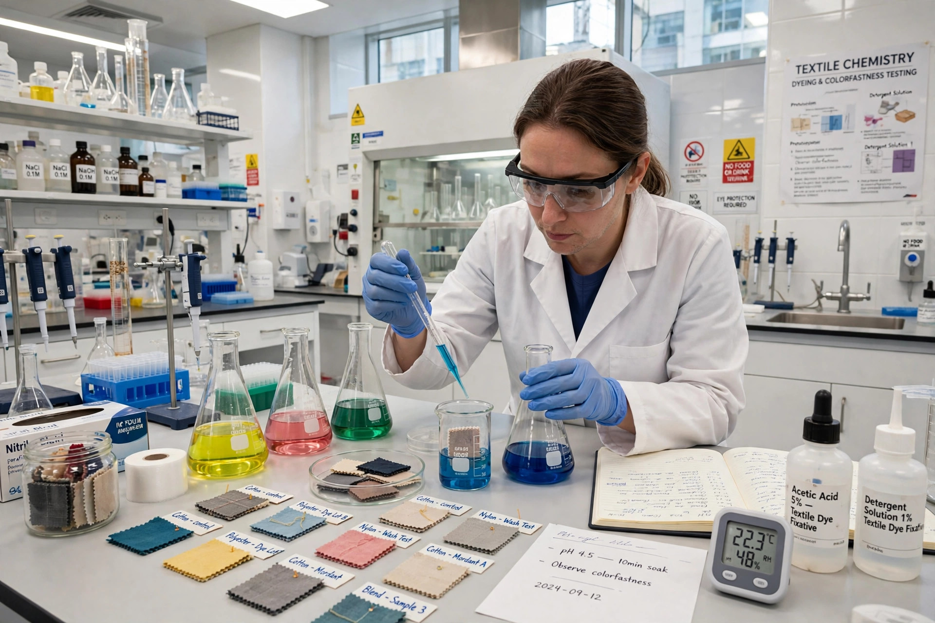 Scientist in a laboratory testing textile chemical samples with flasks of colored liquids and fabric swatches