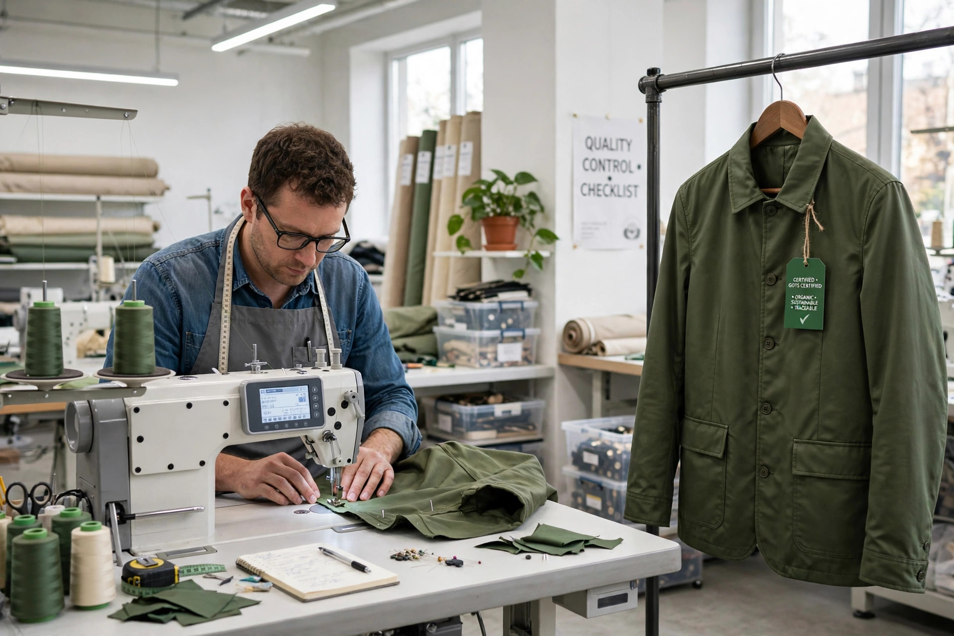 Worker sewing a jacket in a bright garment factory with a finished garment carrying a green certification hang tag